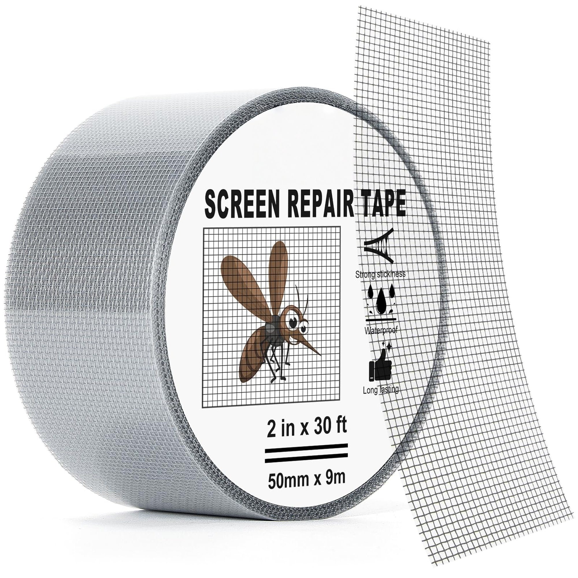 Wudkey Gray 2in x 30ft Fiberglass Window Screen Repair Tape with Strong Adhesive for Screen Holes and Tears