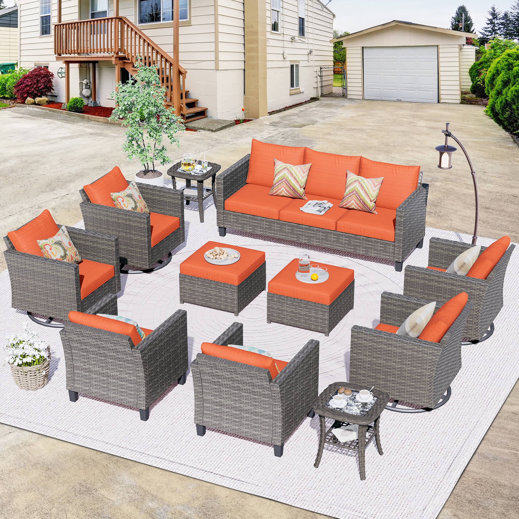 XIZZI XXSQRC80116 Lullaby 11 -Piece Rattan Patio Sofa Conversation Set with Orange Cushions