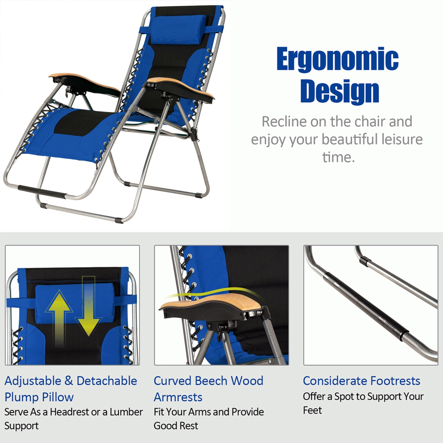 Oversized Blue and Black Steel Zero Gravity Lounger with Cushions