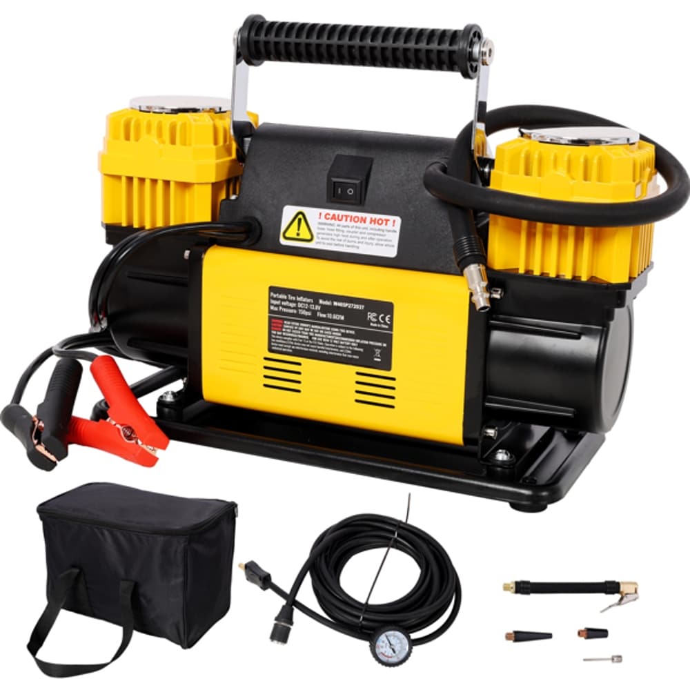 OGETFUUR 12V Dual Cylinder Heavy Duty Air Compressor Tire Inflator with Pressure Gauge and Max 150 PSI Featuring Reliable Tire Inflator Air Pump for Car SUV RV and Truck