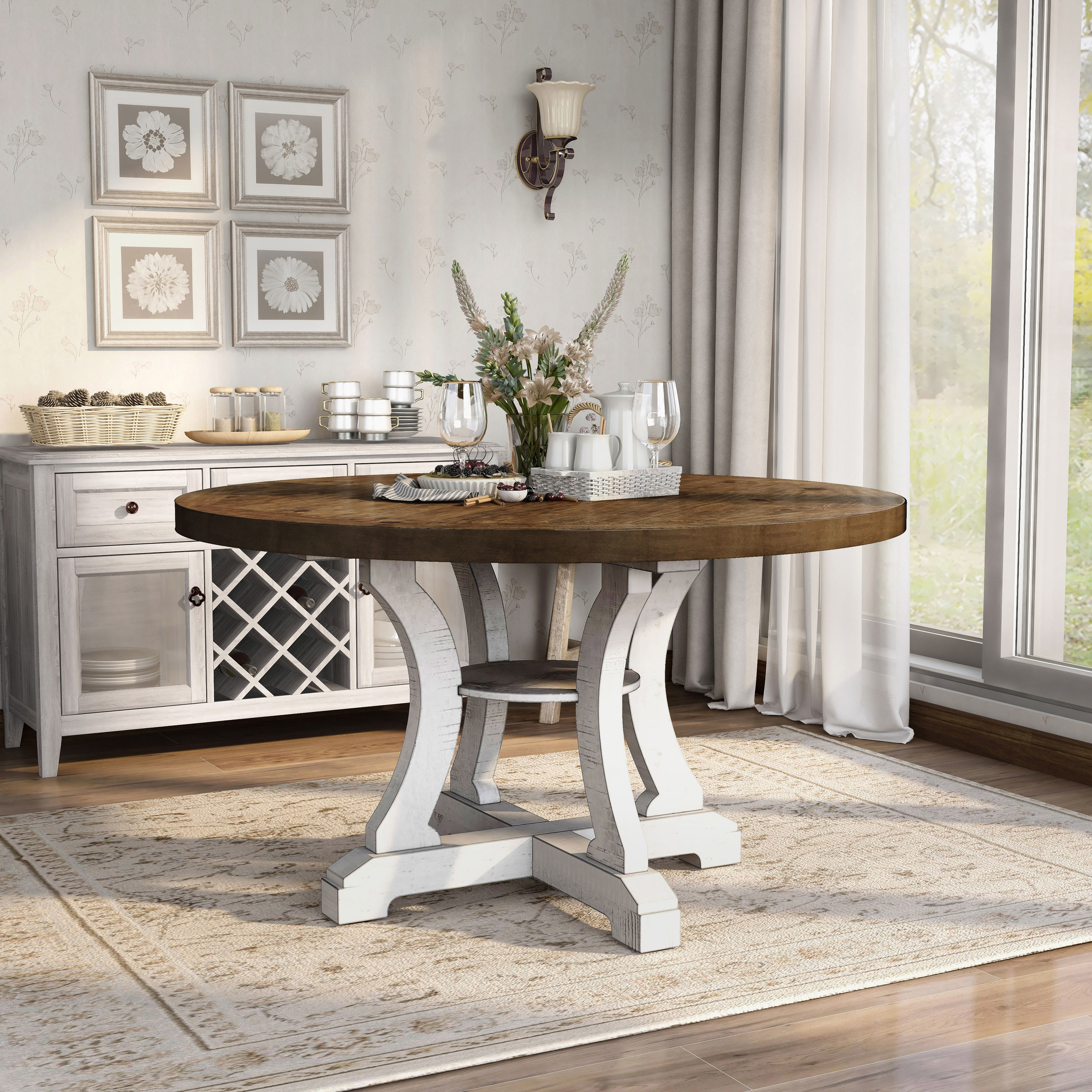 Furniture of America IDF-3417RT Mudd Antique White and Dark Oak Round Country Dining Table, Wood with Antique White Wood Pedestal Base 54-in L x 30-in H