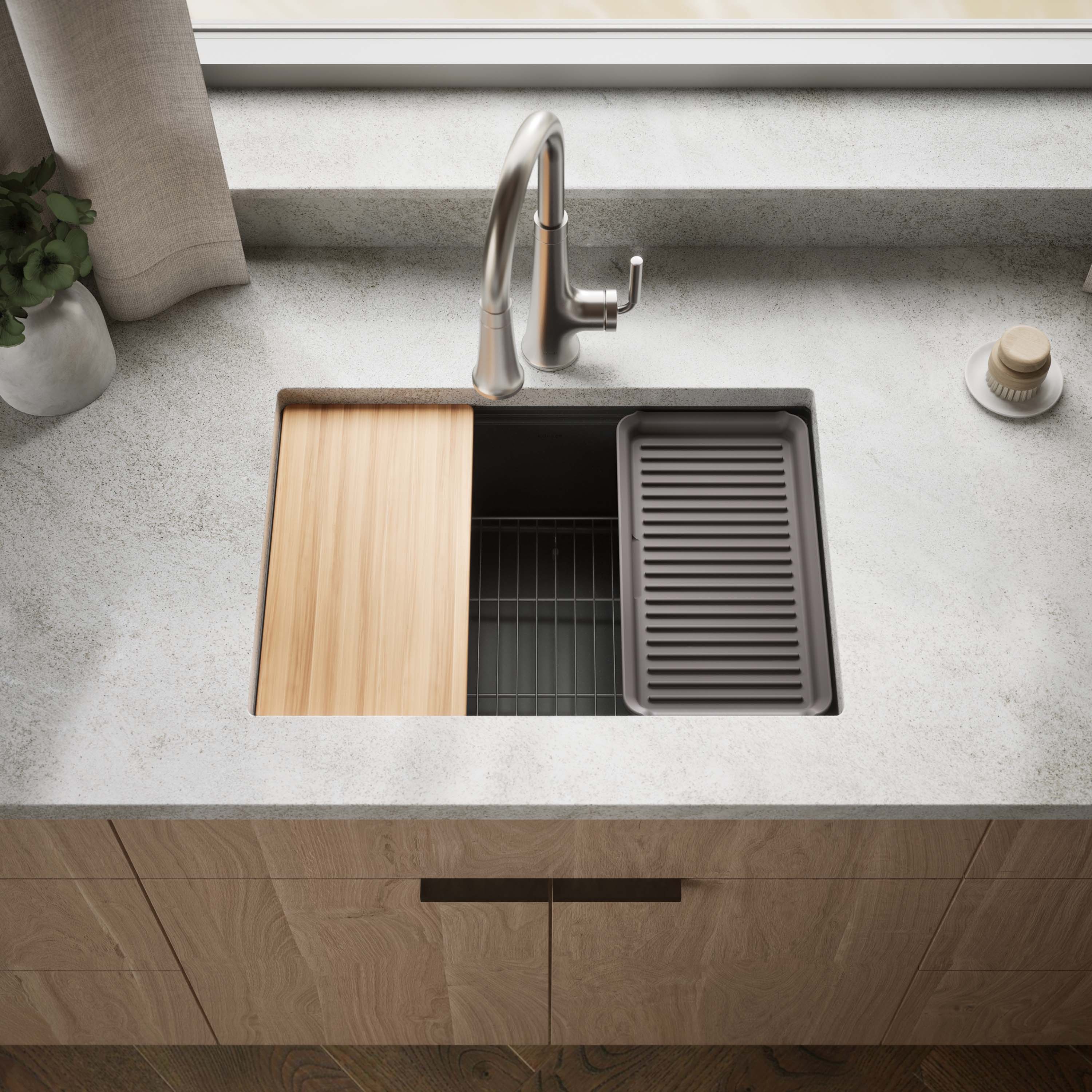 KOHLER 33713-PC-CM7 Billings Undermount 26.5-in x 18.31-in Composite Single bowl Workstation Kitchen Sink with Drainboard