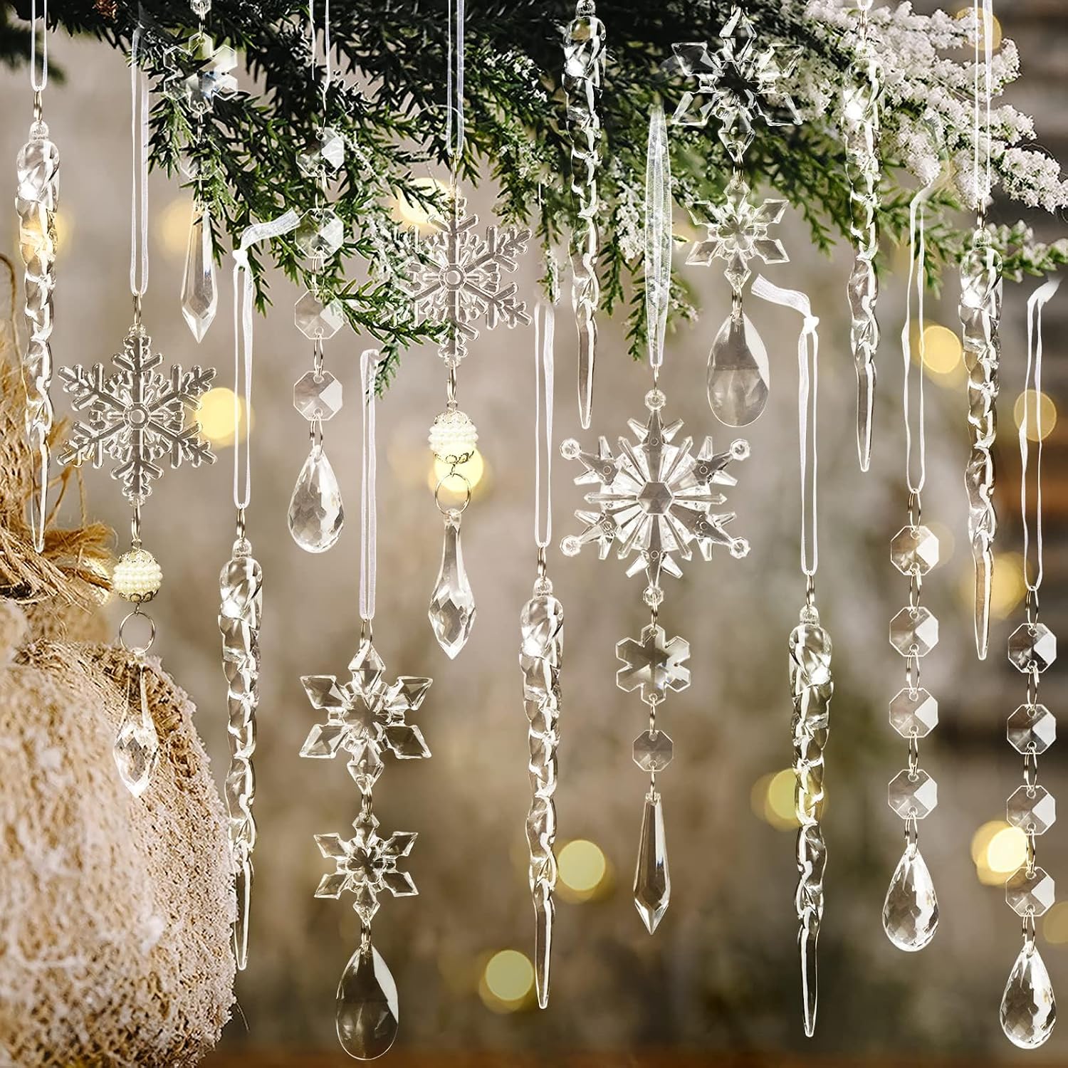 ZHANYIGY 18pcs Christmas Tree Decoration Crystal Ornaments - Hanging Acrylic Christmas Snowflake Icicle Drop Crystal Ornaments for Xmas Tree Winter New Year Party Supplies