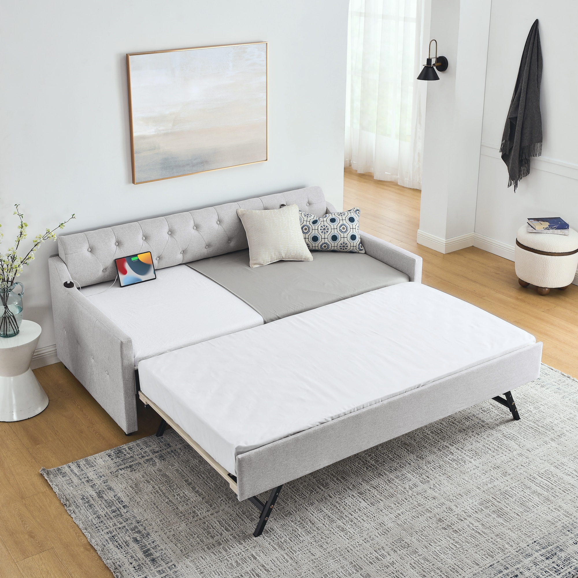 GDFStudio - Pembry Classic Upholstered Daybed with Erectable Trundle Integrated USB Charging and ...