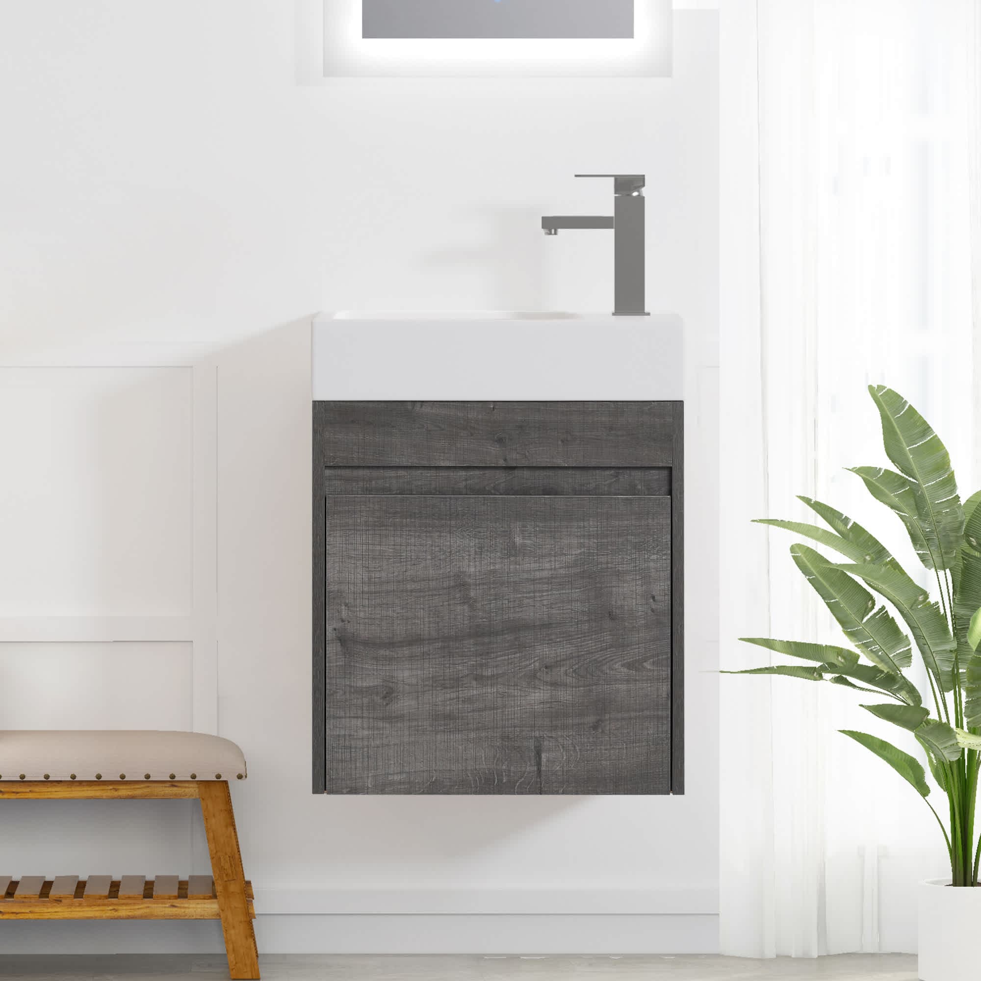 Roomfitters - Plaid Gray Oak Wall Mounted Bathroom Vanity Set Resin Sink Open Storage