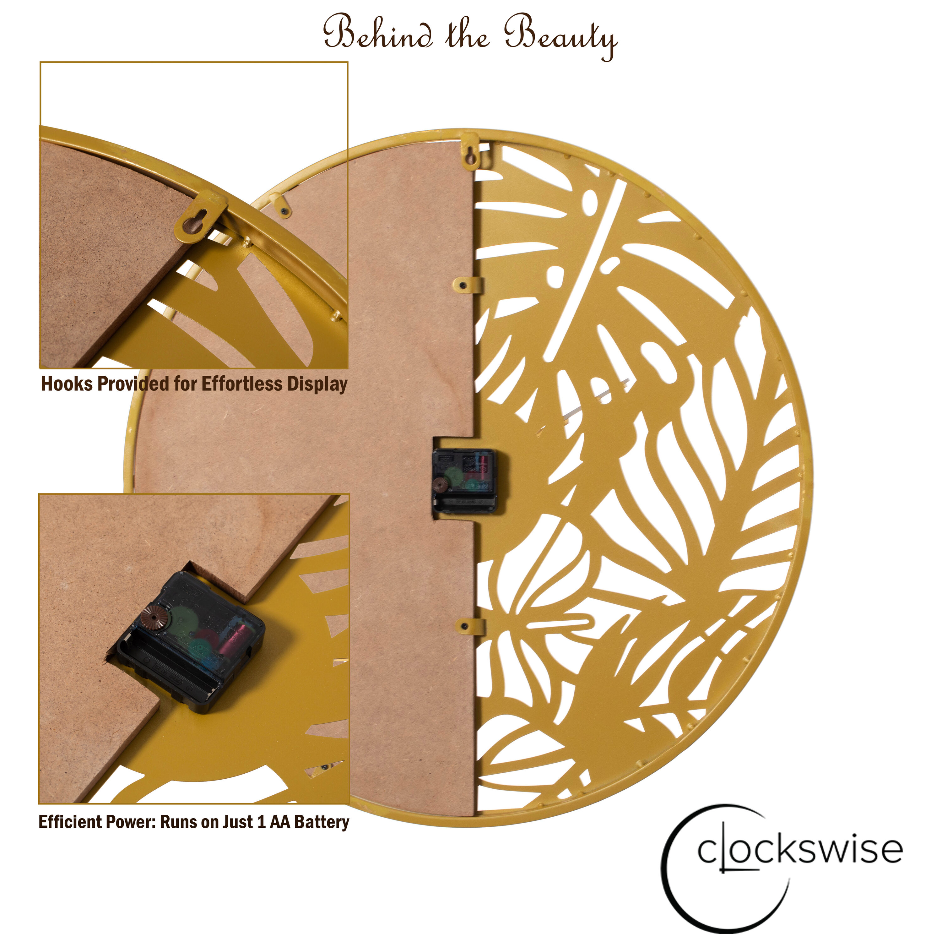 24" Brown Wood and Gold Metal Leaf Cutout Oversized Wall Clock
