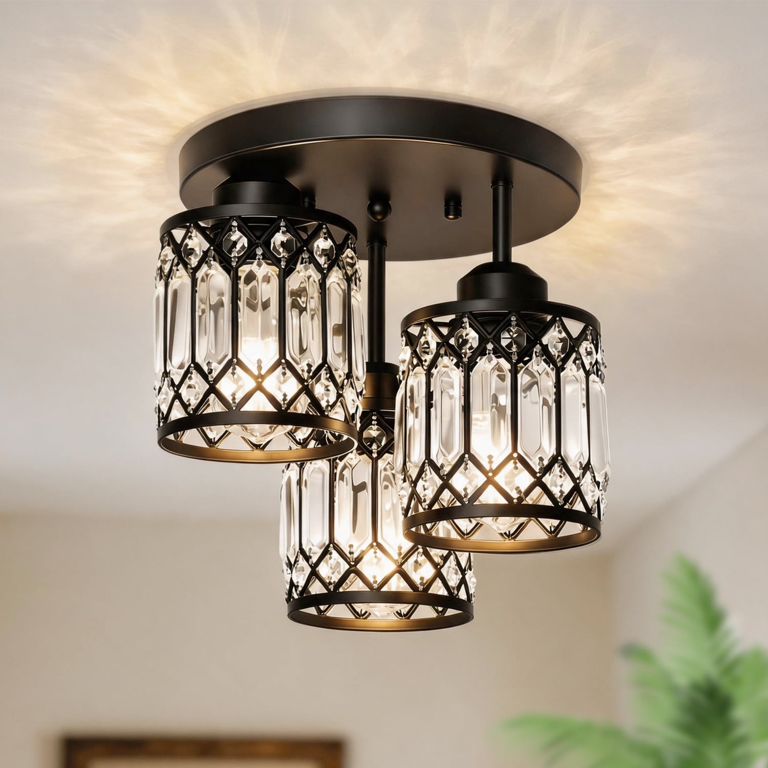 DORESshop 3 Light Matte Black Flush Mount Ceiling Light with Crystal Accents E26