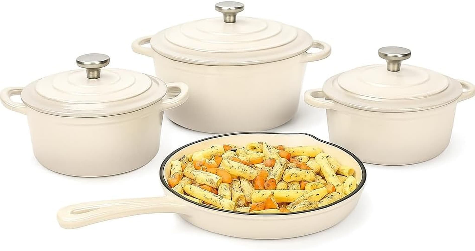 LILILIAN FMY  7 Piece Enameled Cast Iron Cookware Set Dutch Ovens Skillet Saucepan with Lids Ceramic Coated Oven Safe to Five Hundred Fifty