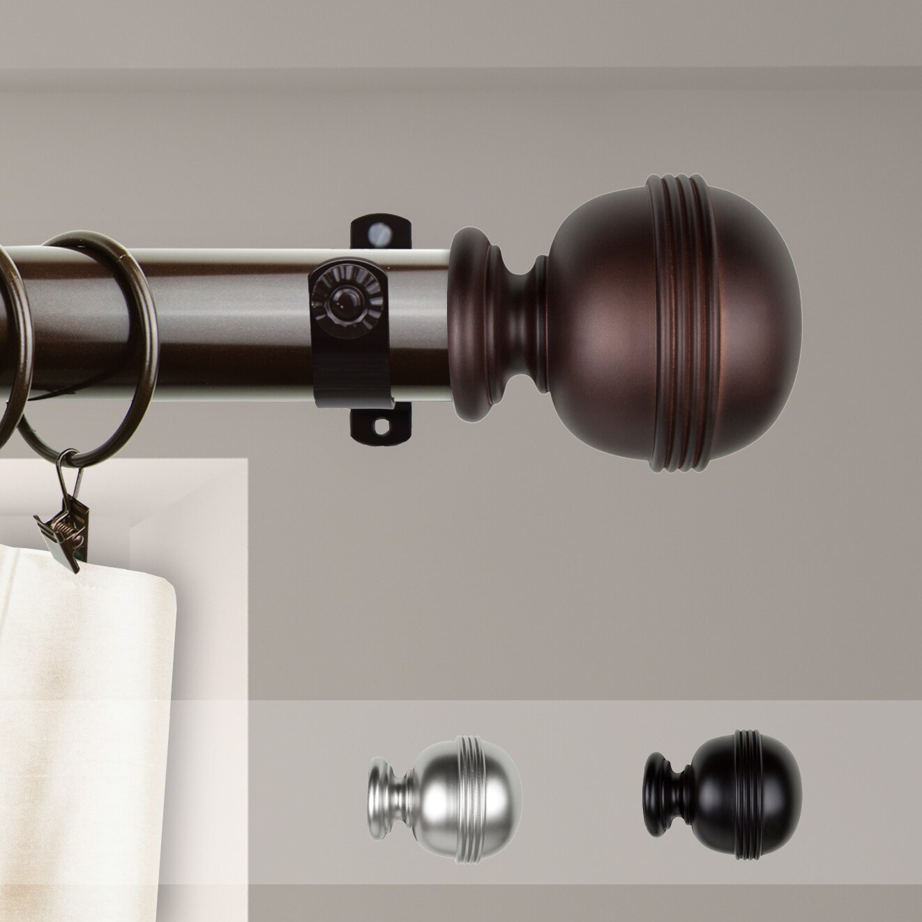Hart & Harlow LO-150-26-48-7 1.5-in Jackson 48-in to 84-in Cocoa Steel Single curtain rod with Finials