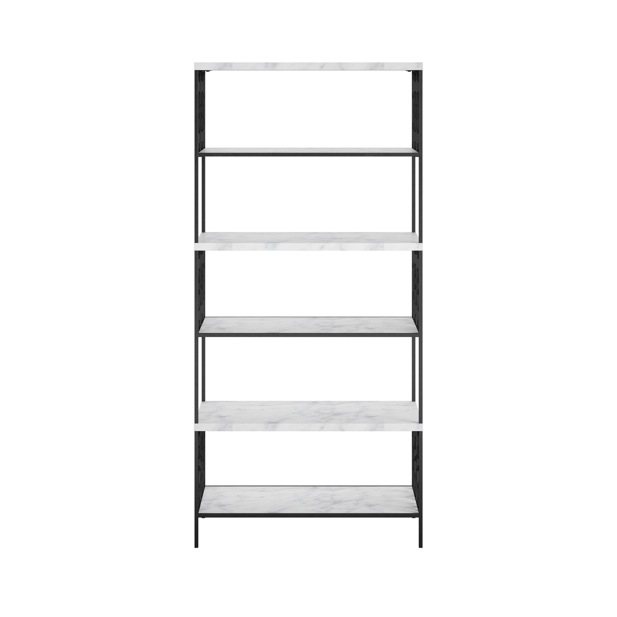 Ella Modern White Marble and Black Metal 5-Shelf Bookcase
