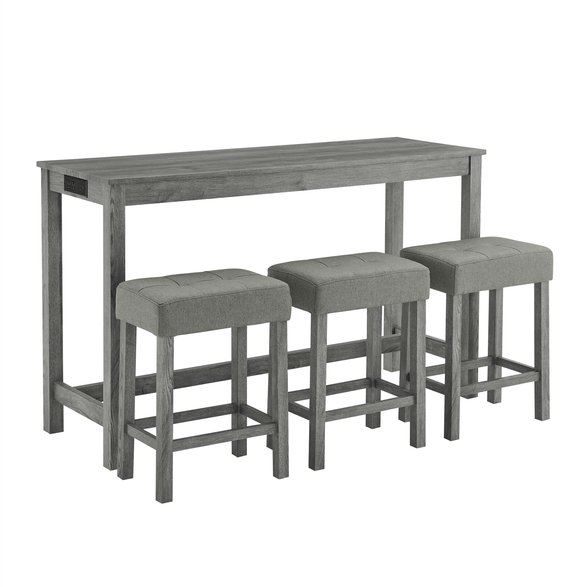 JEAREY 4 Piece 59 Inch Bar Table Set with Power Outlet and 3 Upholstered Stools Modern Grey