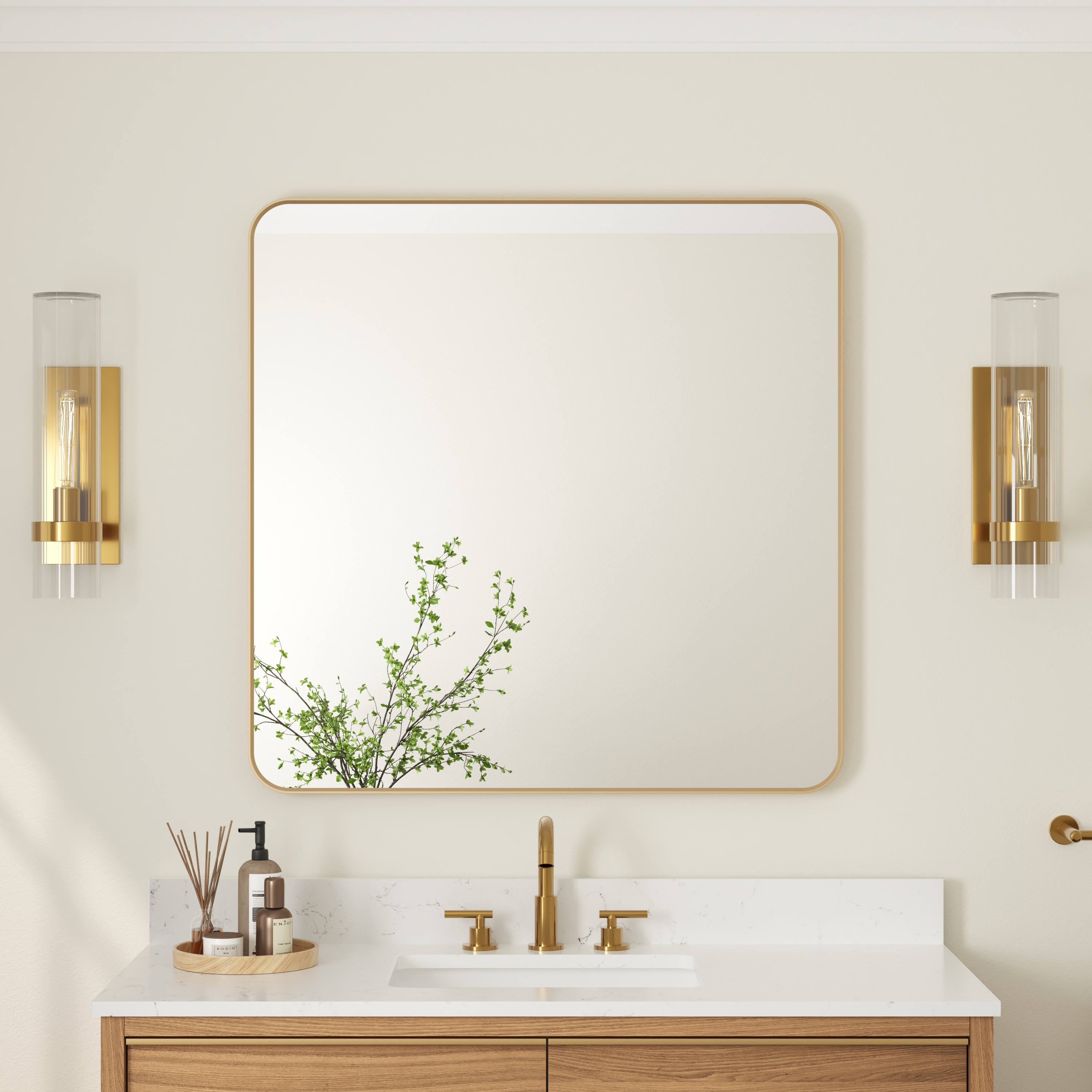 Forclover QNM-M0130L 36-in x 36-in Framed Square Bathroom Vanity Mirror ( Brushed Gold )