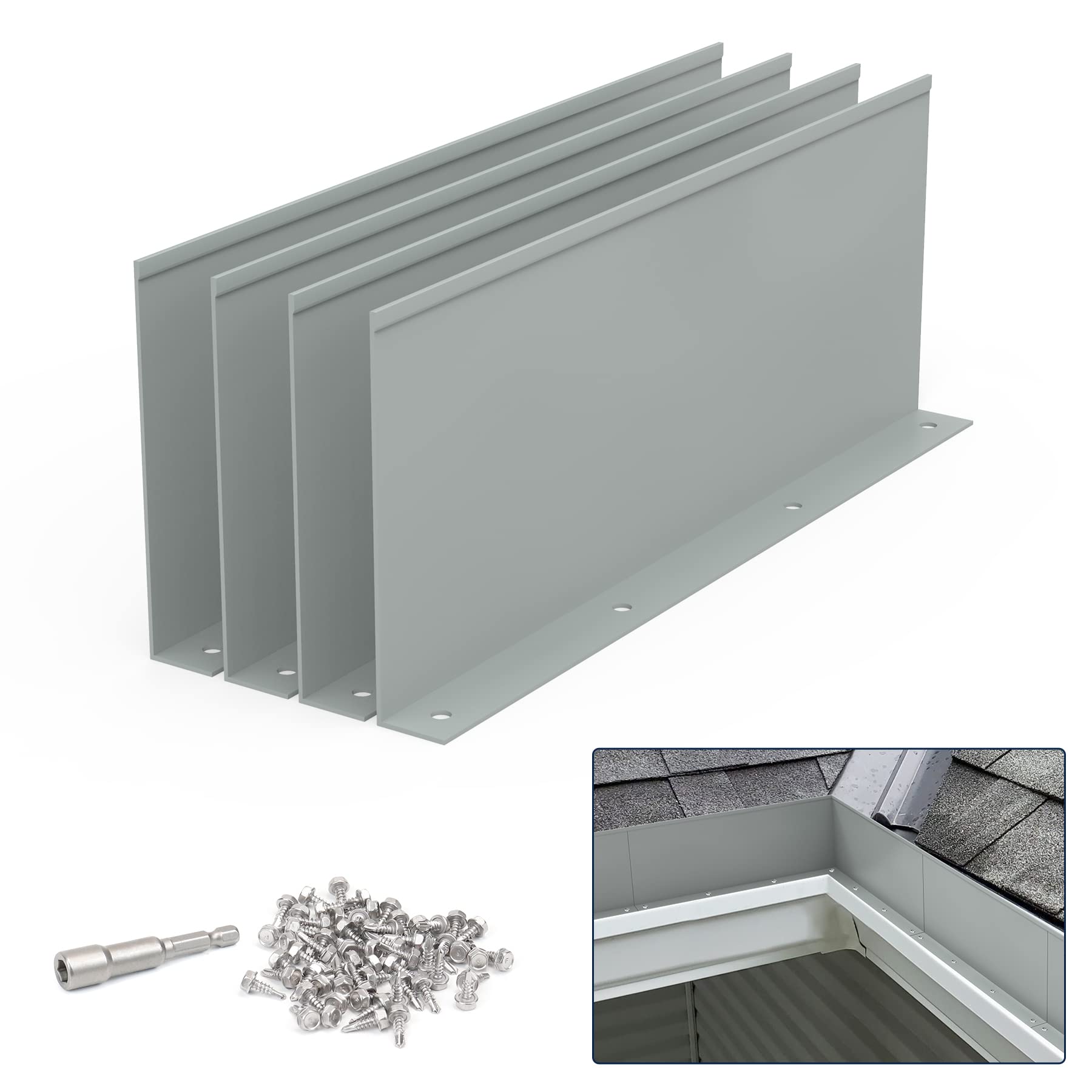 Misopily  Gutter Valley Splash Guard Aluminum Rain Diverter for Roofing Gutters Universal Design Grey 10 Inch Each Prevents Overflow 4 pcs