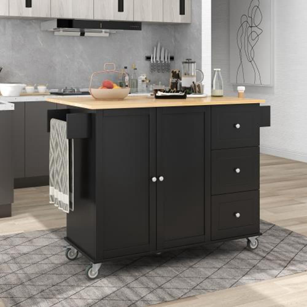 Runesay White Wood Base with Wood Top Rolling Kitchen Island (29.5-in x 52.76-in x 36.81-in)