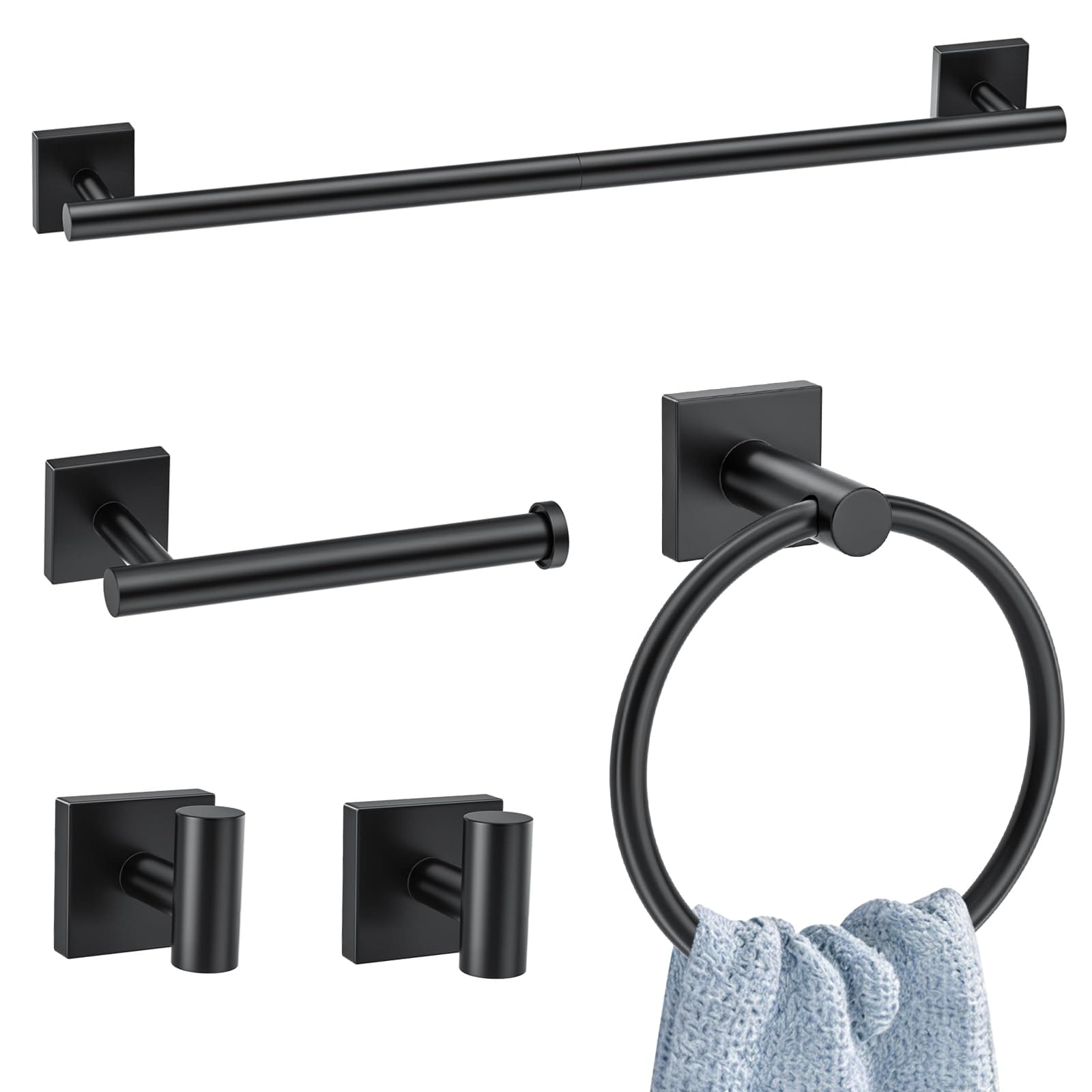 TNSO Matte Black 5 Piece Bathroom Hardware Set 304 Stainless Steel Wall Mounted Bathroom Accessories