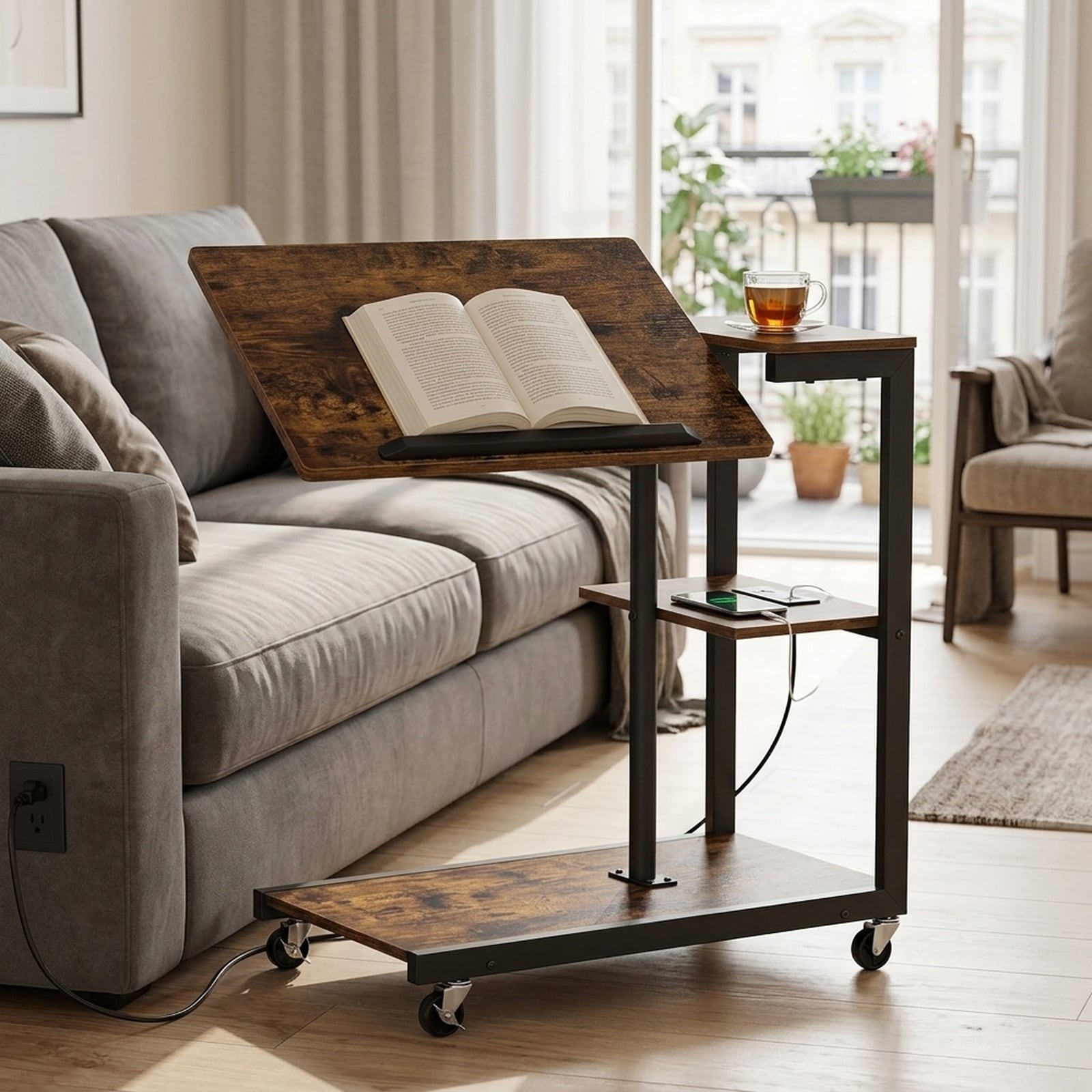 SUGIFT - 3-Tier Mobile Couch Side Table with Charging Station Tiltable C-Shaped End Table with Wh...