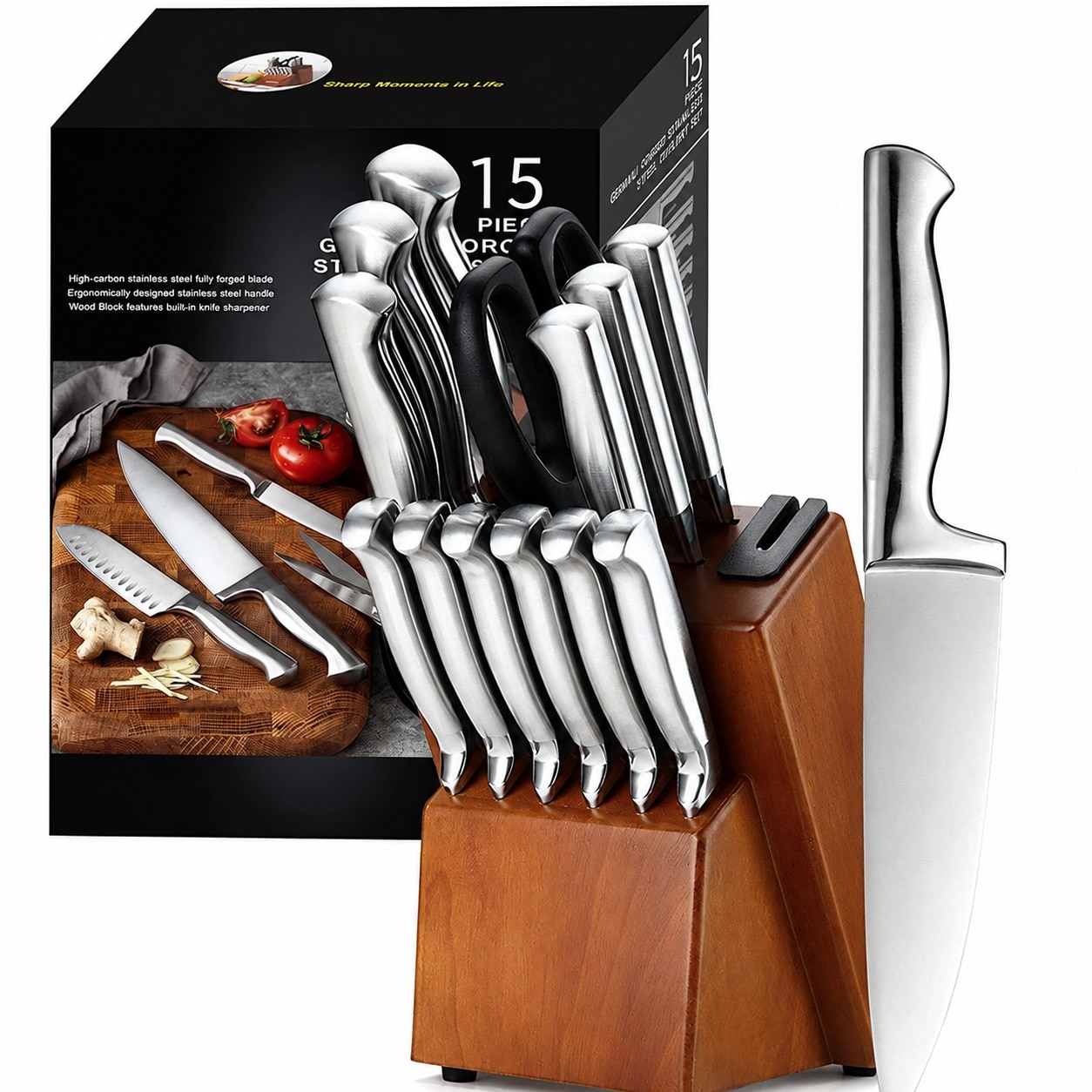 UUDULY  Knife Sets German Stainless Steel Kitchen Knife Block Sets with Built in Sharpener durable home and garden accessory designed for