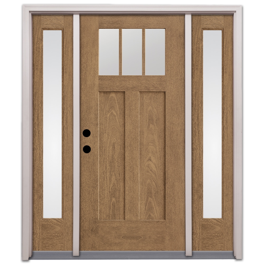 Therma-Tru TT650703SOS Entry Door 68-in x 80-in x 6-9/16-in Fiberglass Craftsman Right-hand inswing Beechwood Stained Prehung Front Door with Sidelights with Brickmould Insulating core