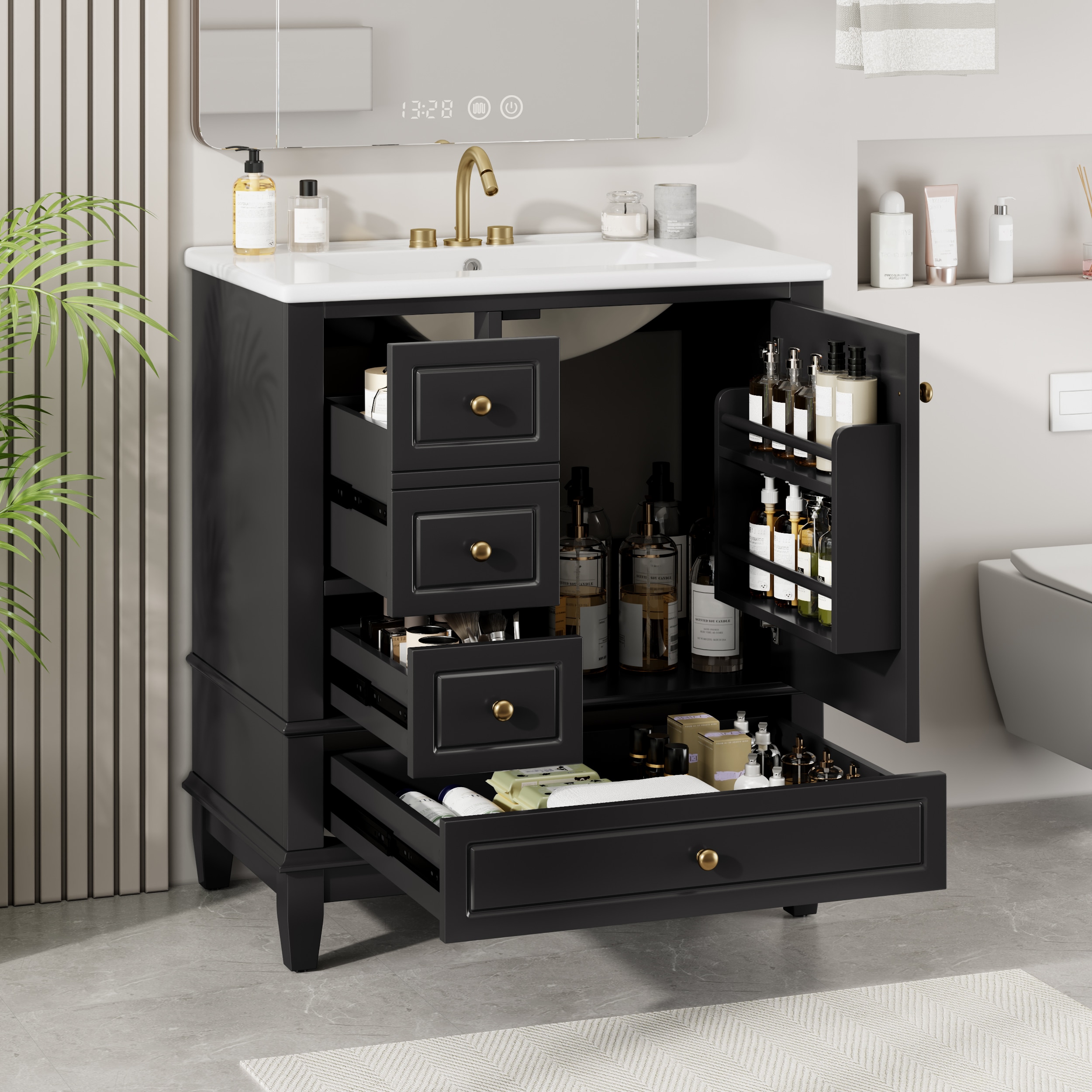 Vynxaria - 30-in Black Single-Sink Freestanding Bathroom Vanity with 1 Door And 3 Drawers and Cer...