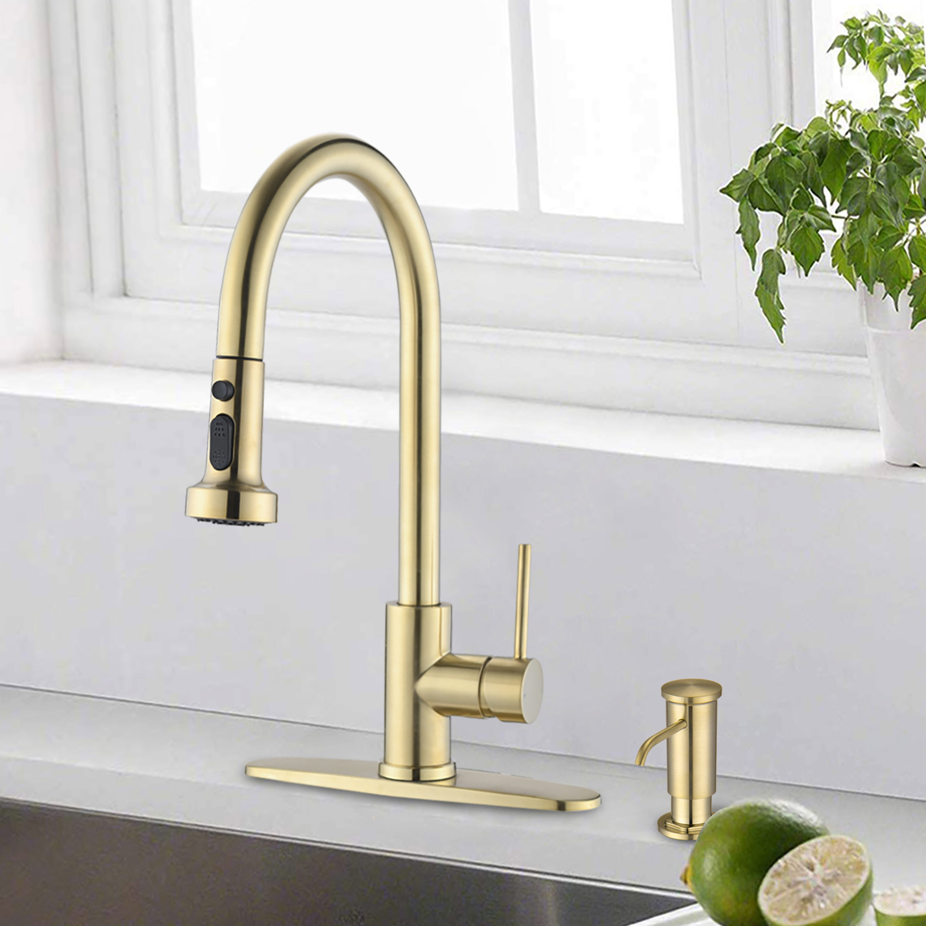 Clihome Brushed Gold Single Handle Pull-down Kitchen Faucet with ...