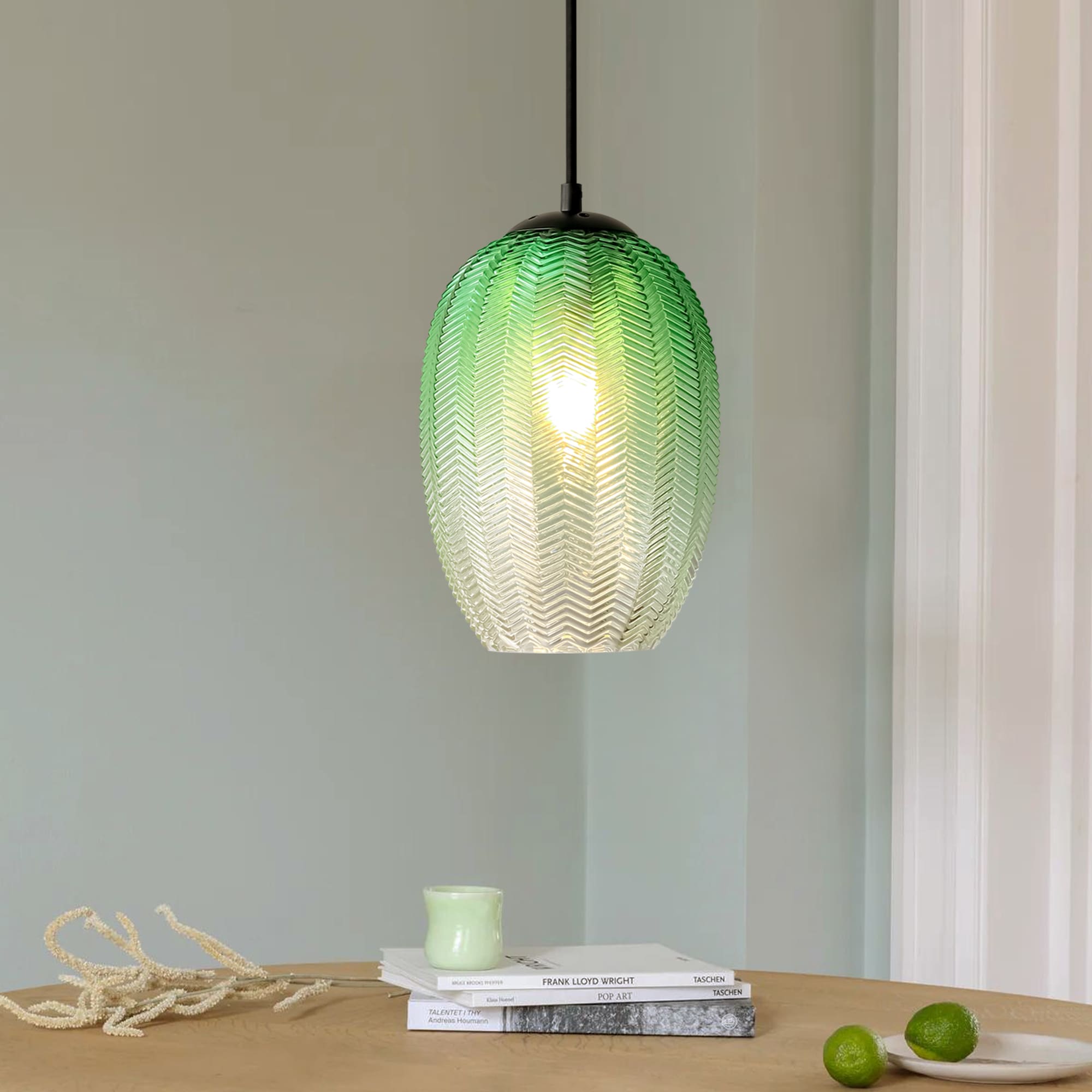 Rennnsan PL810102248 Harper 1 -Light Green Modern/contemporary Textured glass Cylinder Medium Hanging Pendant light