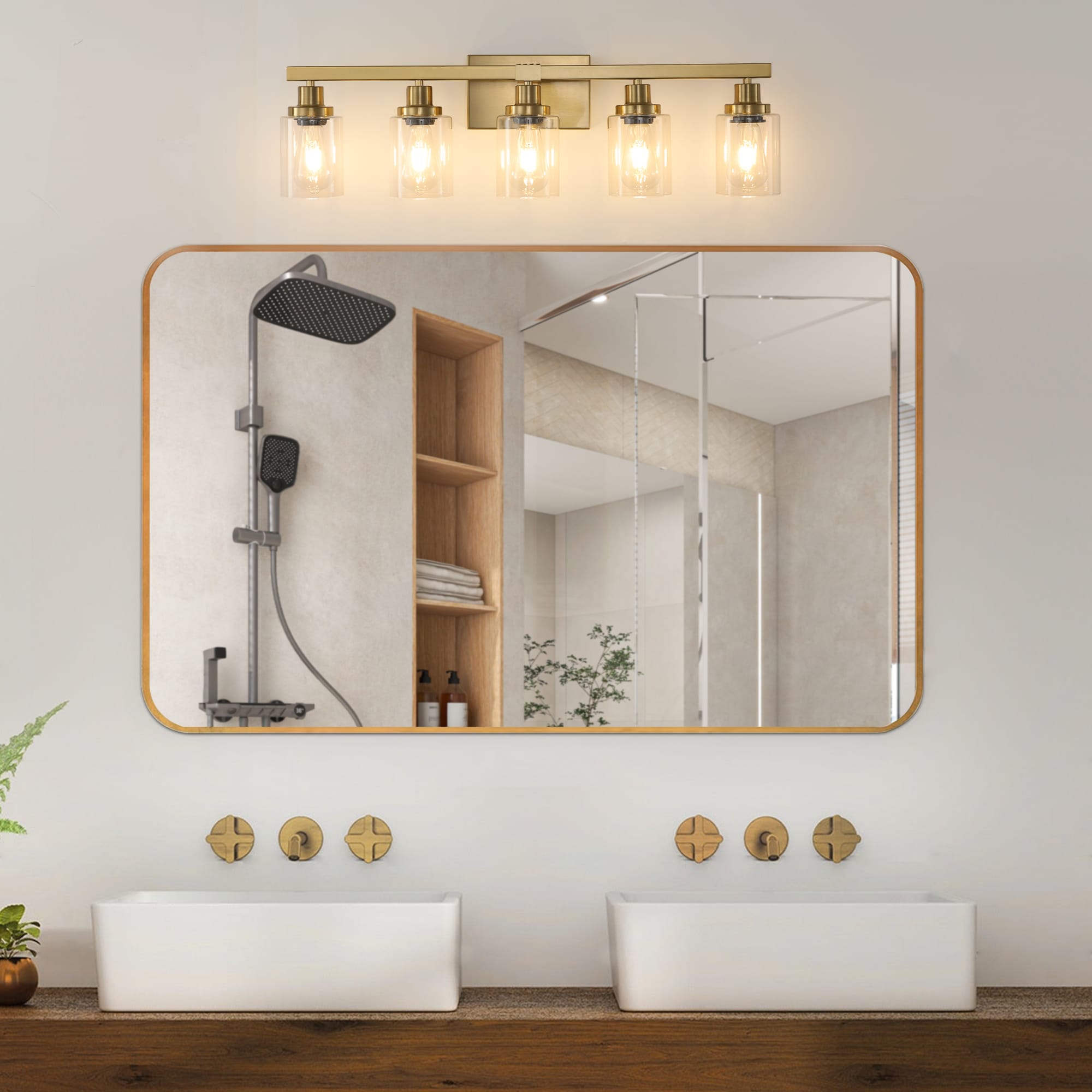 Tatayosi 31inches Golden 5-Light Vanity Light with Clear Glass Shades Modern Iron Metal Bathroom Wall Fixture for Mirror Ideal for Bathroom and Dressing Table (No Bulbs)