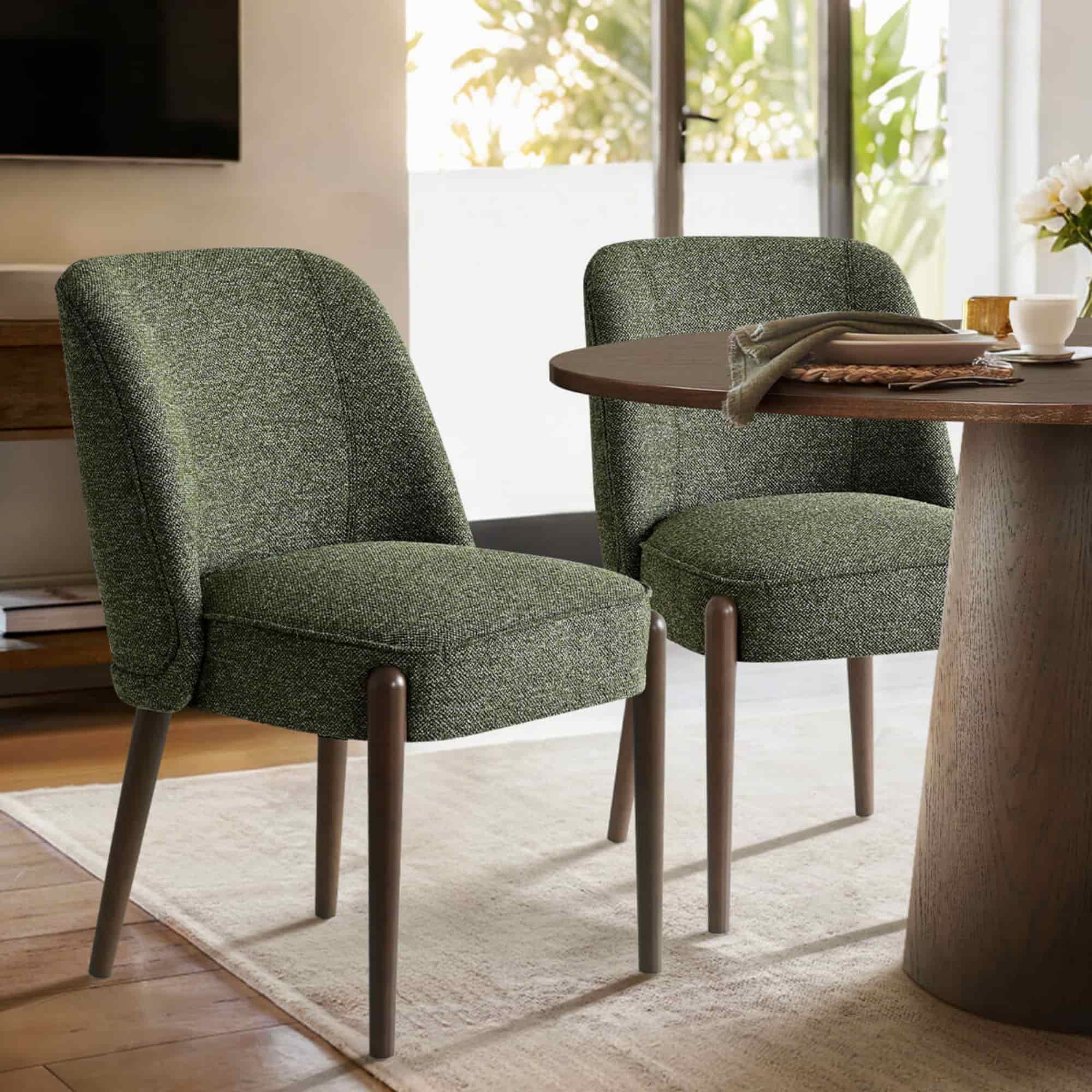 Maison Boucle - Set of 2 Green Boucle Upholstered Dining Chairs with Curved Back and Solid Wood Legs