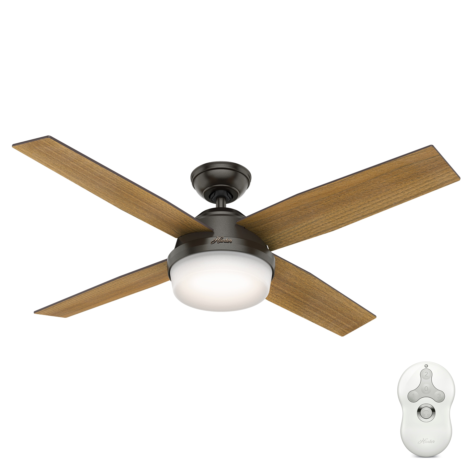 Hunter 59446 Dempsey 52-in Noble Bronze with Mid Century Walnut/Umber Walnut Blades Ceiling Fan With Light and Remote ( 4 -Blade )