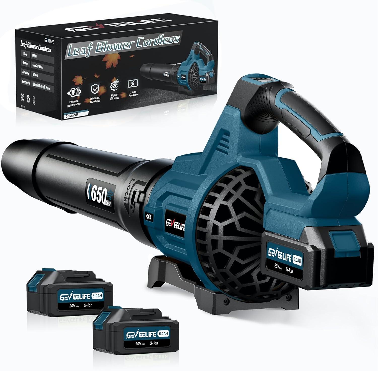 GEVEELIFE -  Leaf Blower Cordless 650CFM 3 Speed Levels Electric Cordless Leaf Blower with 2 x 5....