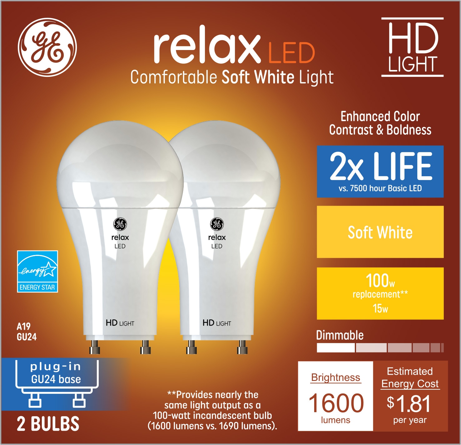 Relax HD 100-Watt EQ A19 Soft White Gu24 Pin Base Dimmable LED Light Bulb (2-Pack) | - GE 93121713