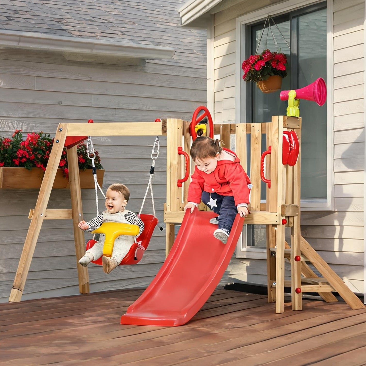 chillscreamni Swing Sets with Red Fir Wood and Pe Storage for Outdoor Space 67 x 78.8 x 46.5 in