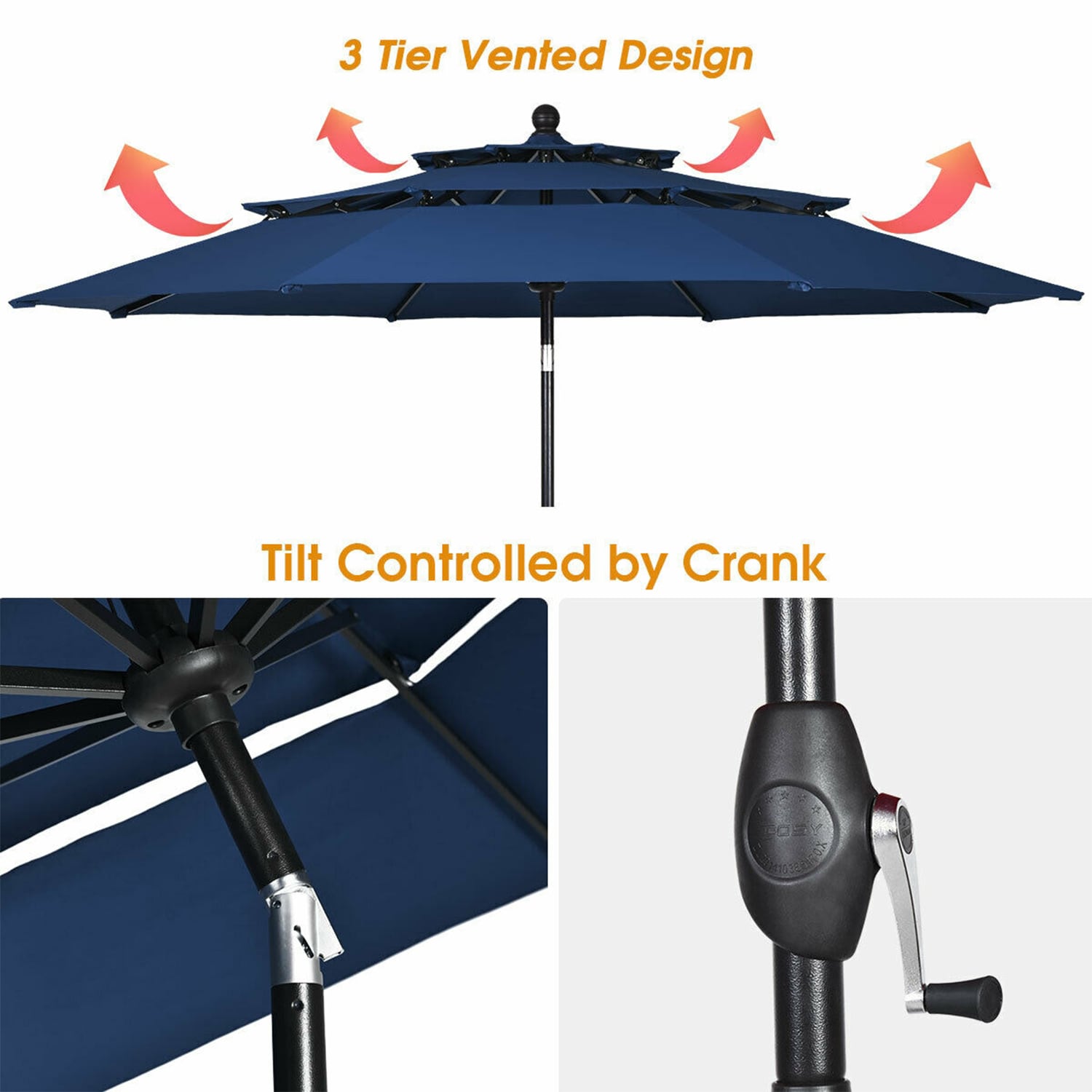 Forclover 10 ft Navy Blue Polyester Market Patio Umbrella with Auto ...