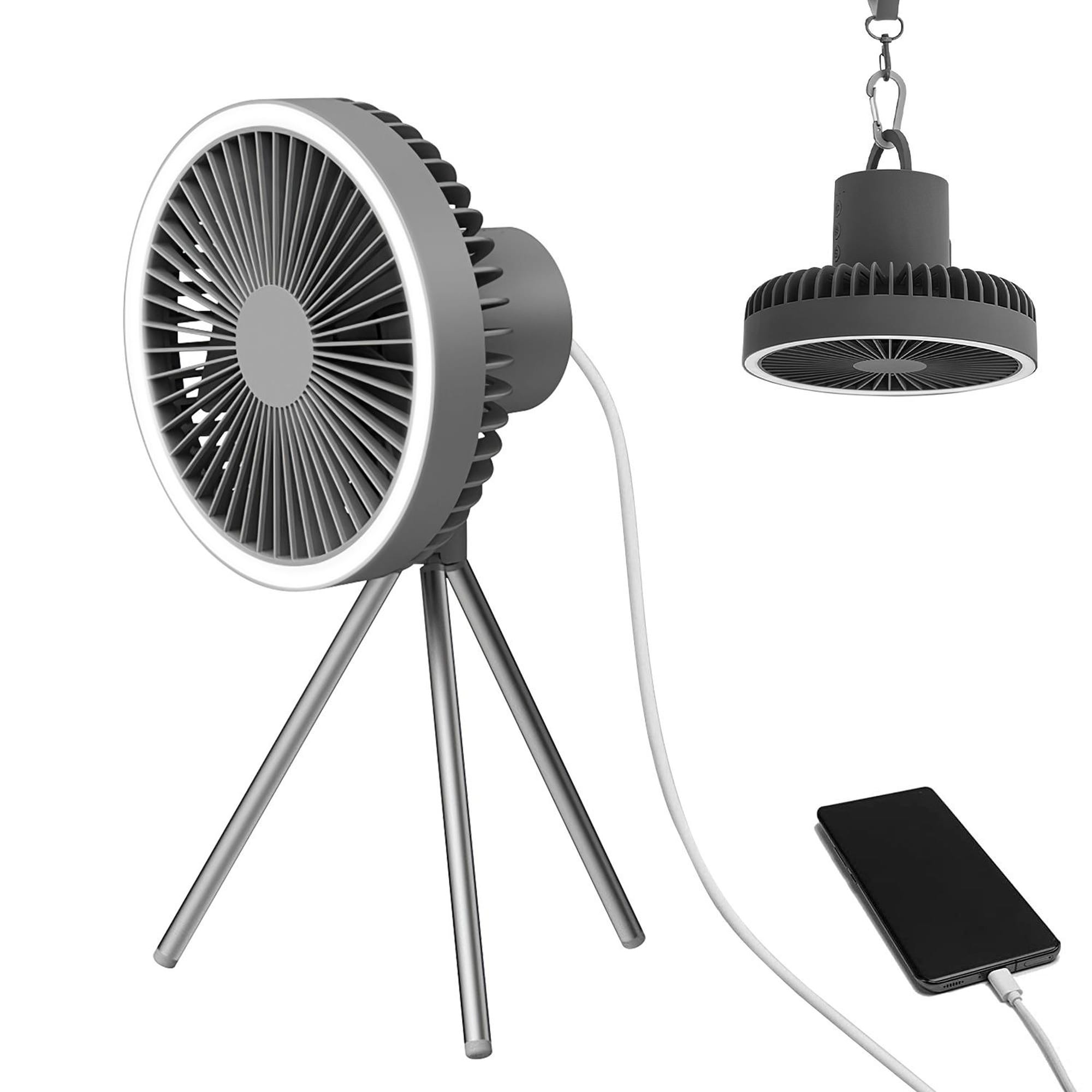 OGETFUUR 8in 3-Speed Black Rechargeable Camping Fan with Lantern and Hanging Hook for Tent with Hanging Hook Carabiner Emergency Power Bank Desk Fan with Timer Speed Brightness Setting