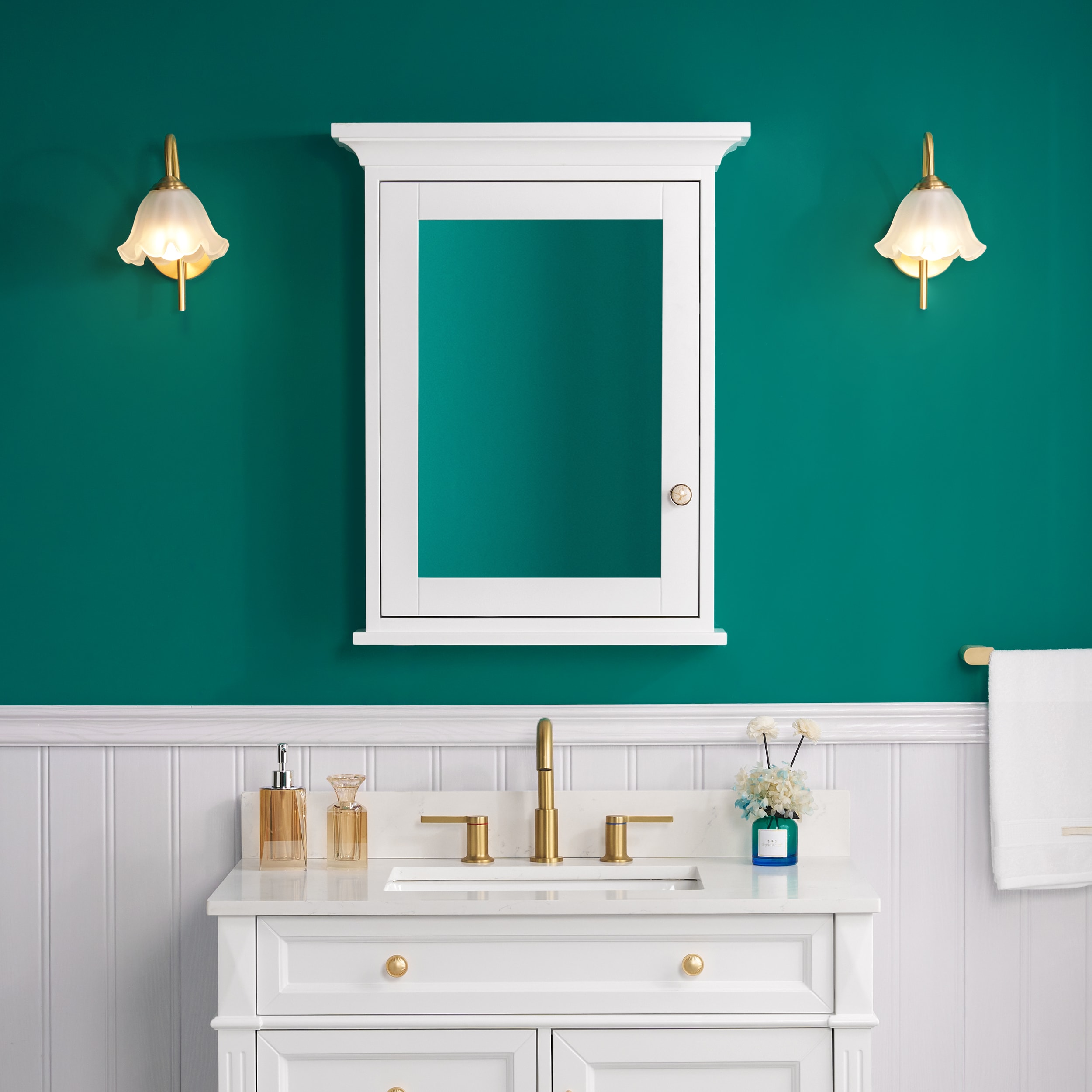 WELLFOR EX3BMFL-24-36 GRACE Solid Wood 24-in x 30-in Surface Mount White Mirrored Rectangle Soft Close Medicine Cabinet