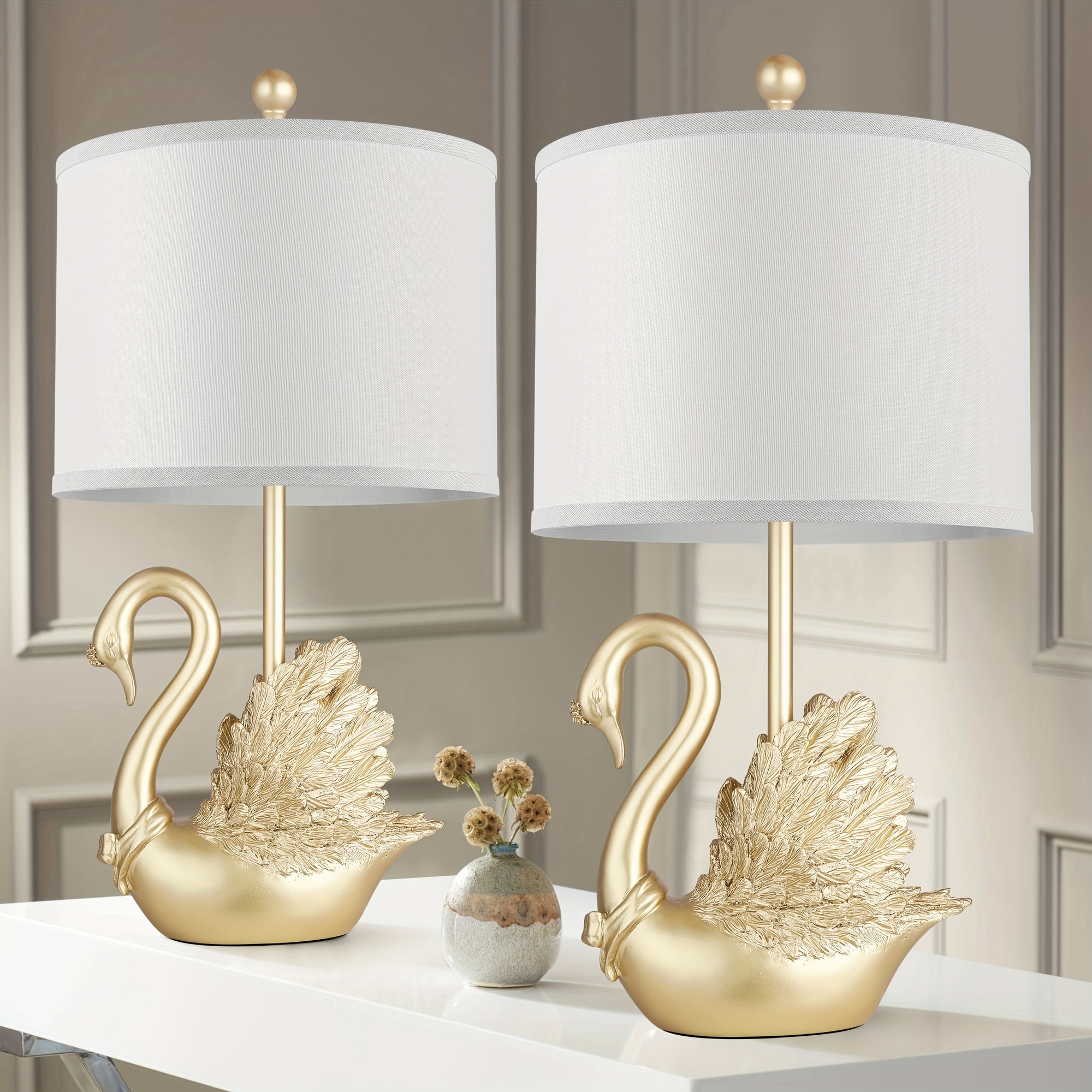 LUXEYARD Two-piece Set of Table Lamps: Golden Brass Swan Table Lamps with LED Bulbs. These modern-designed stylish table lamps are a perfect fit for the decor of any contemporary bedroom or living room and a