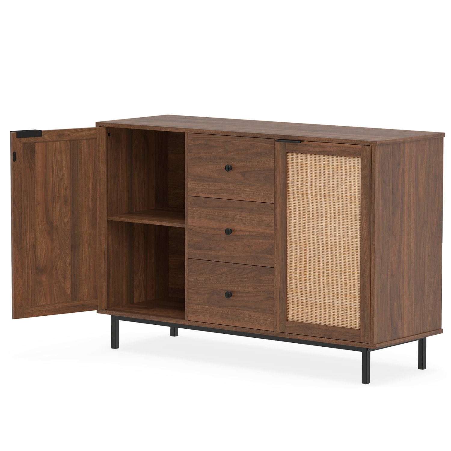 Slickblue - Farmhouse Brown/Natural Sideboard Buffet Cabinet with Rattan Doors and 3 Drawers for ...