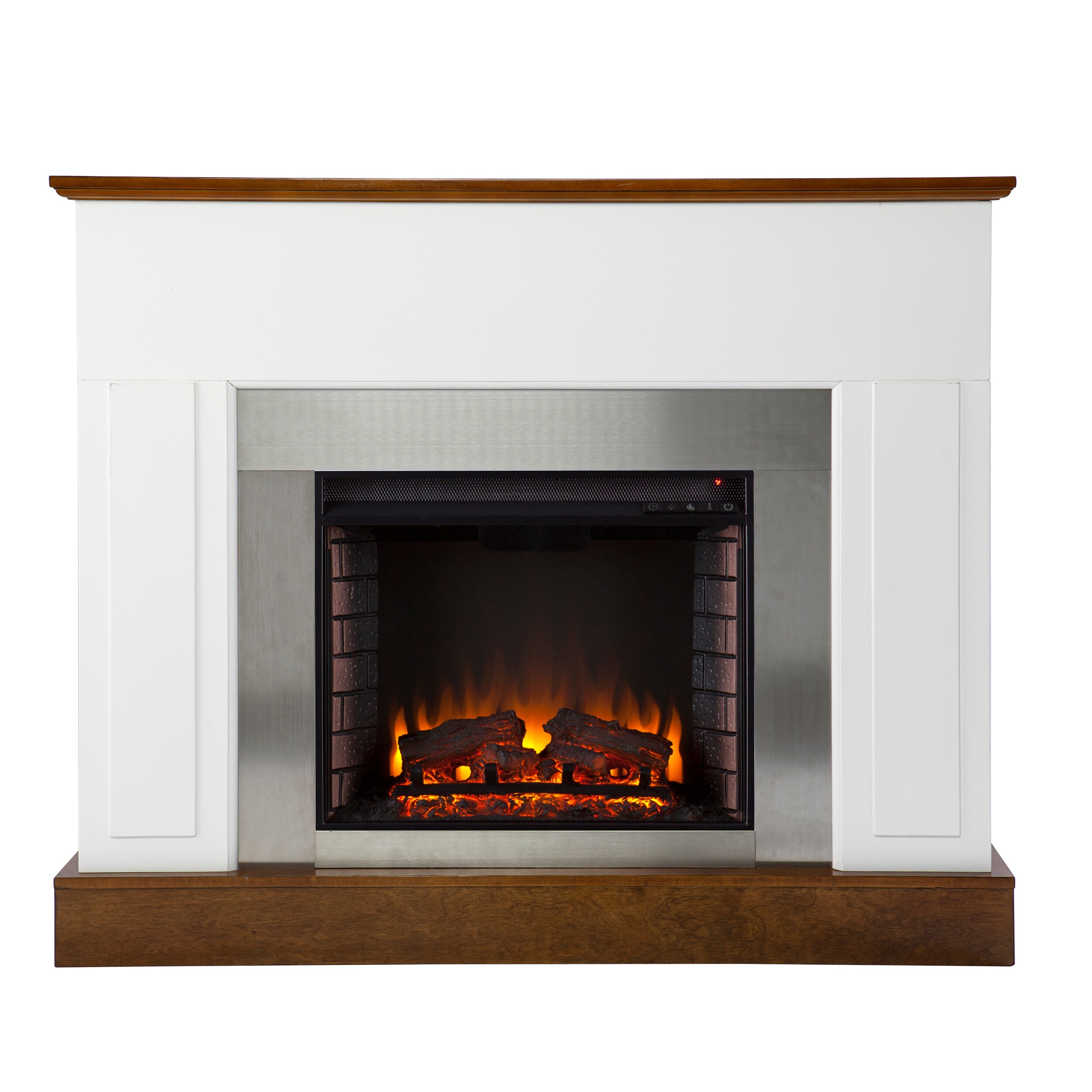 Southern Enterprises FE1027159 50-in W White and dark tobacco finish with nickel surround Free standing Fan-forced Flat wall Electric Fireplace with Remote Control Included