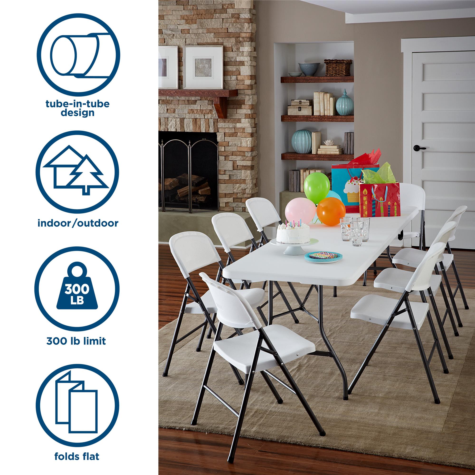 White Speckle Plastic Folding Chairs with Black Steel Legs, 4-Pack