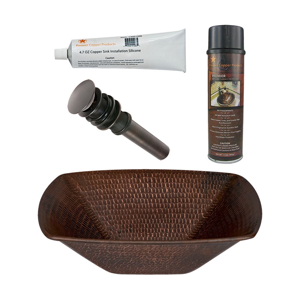 PREMIER COPPER PRODUCTS Copper 14-in Vessel Square Rustic Oil Rubbed Bronze Bathroom Sink with Drain Included