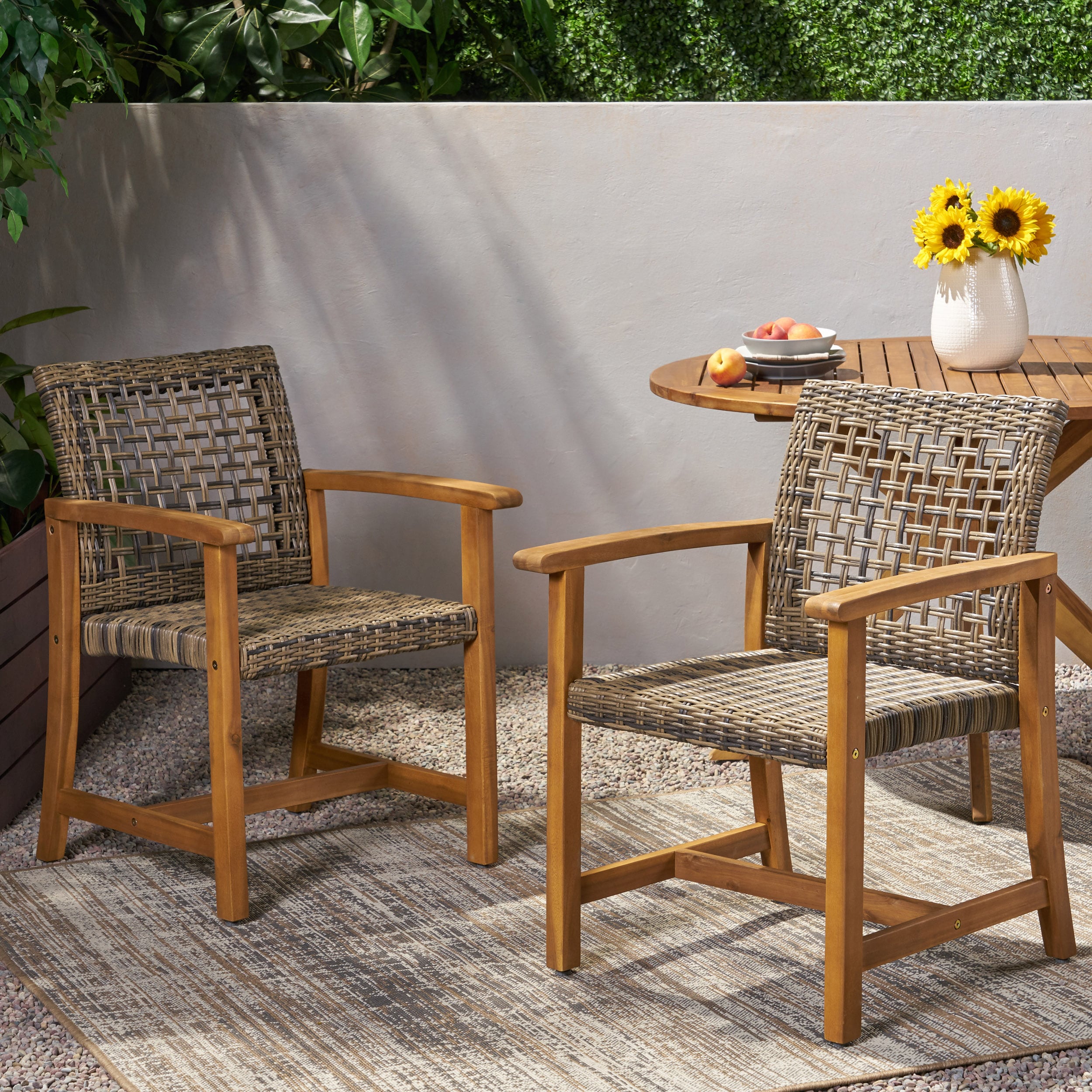Christopher Knight Home 310399 Hampton Outdoor Acacia Wood and Wicker Dining Chair Set of 2 Natural and Gray