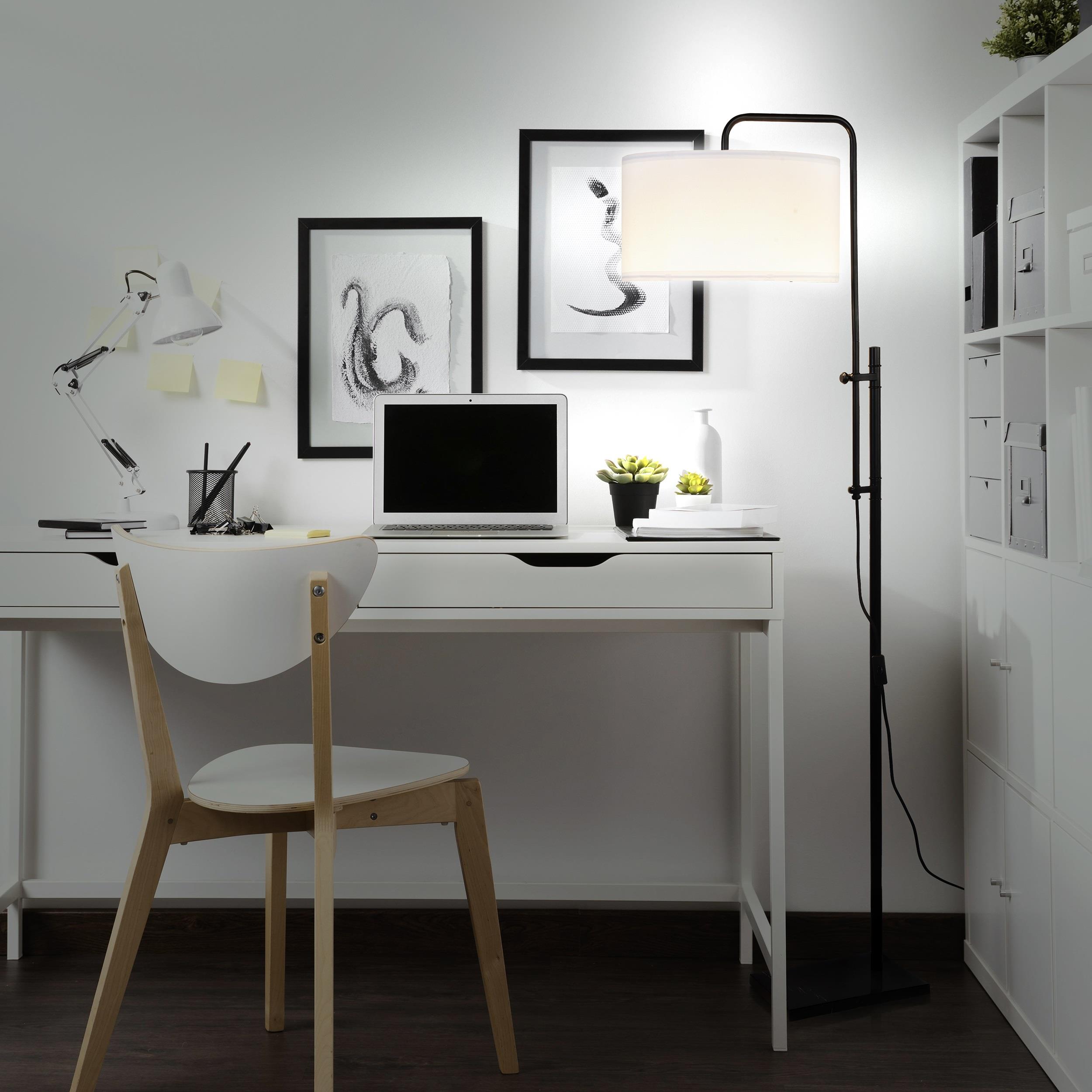 Leo Adjustable Black Arc Floor Lamp with White Fabric Shade