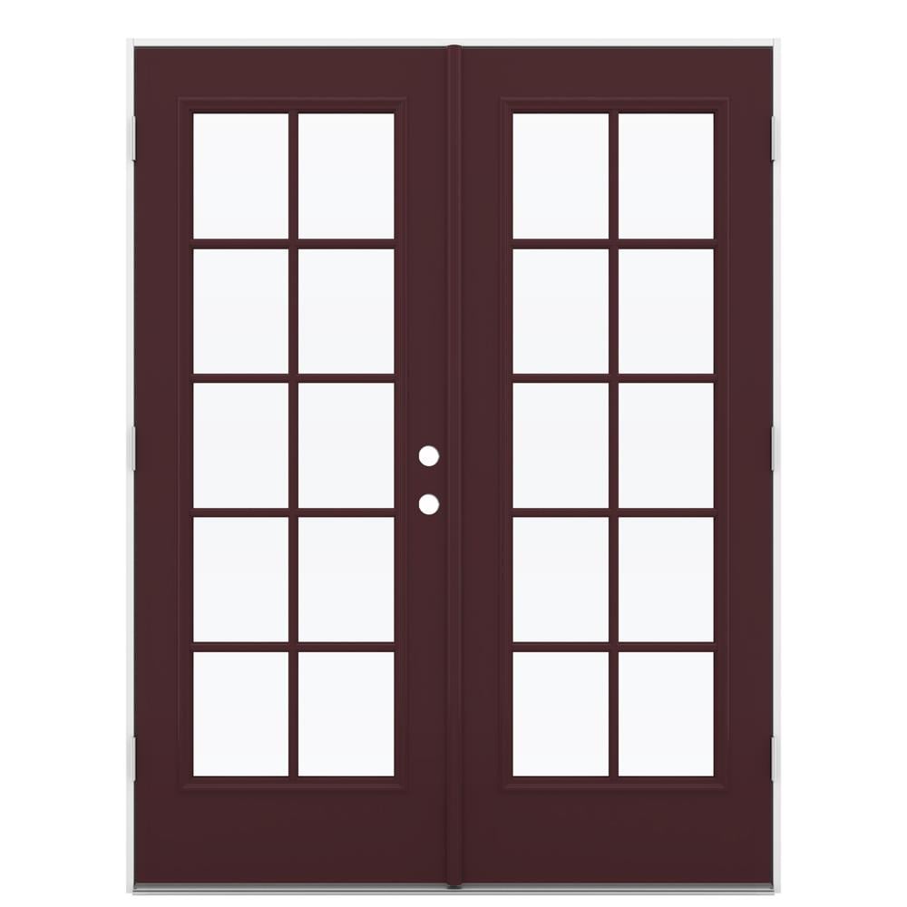 JELD-WEN French 60-in x 80-in x 4-9/16-in Jamb Low-e External Grilles Currant Steel French Right-Hand Outswing Double Patio Door in Red -  LOWOLJW192600080