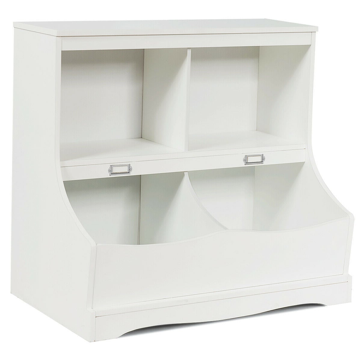 SUGIFT - Kids Floor Cabinet Bookcase with 2 Cubbies and 2 Storage Bins 66-lb Top White Multi-Func...