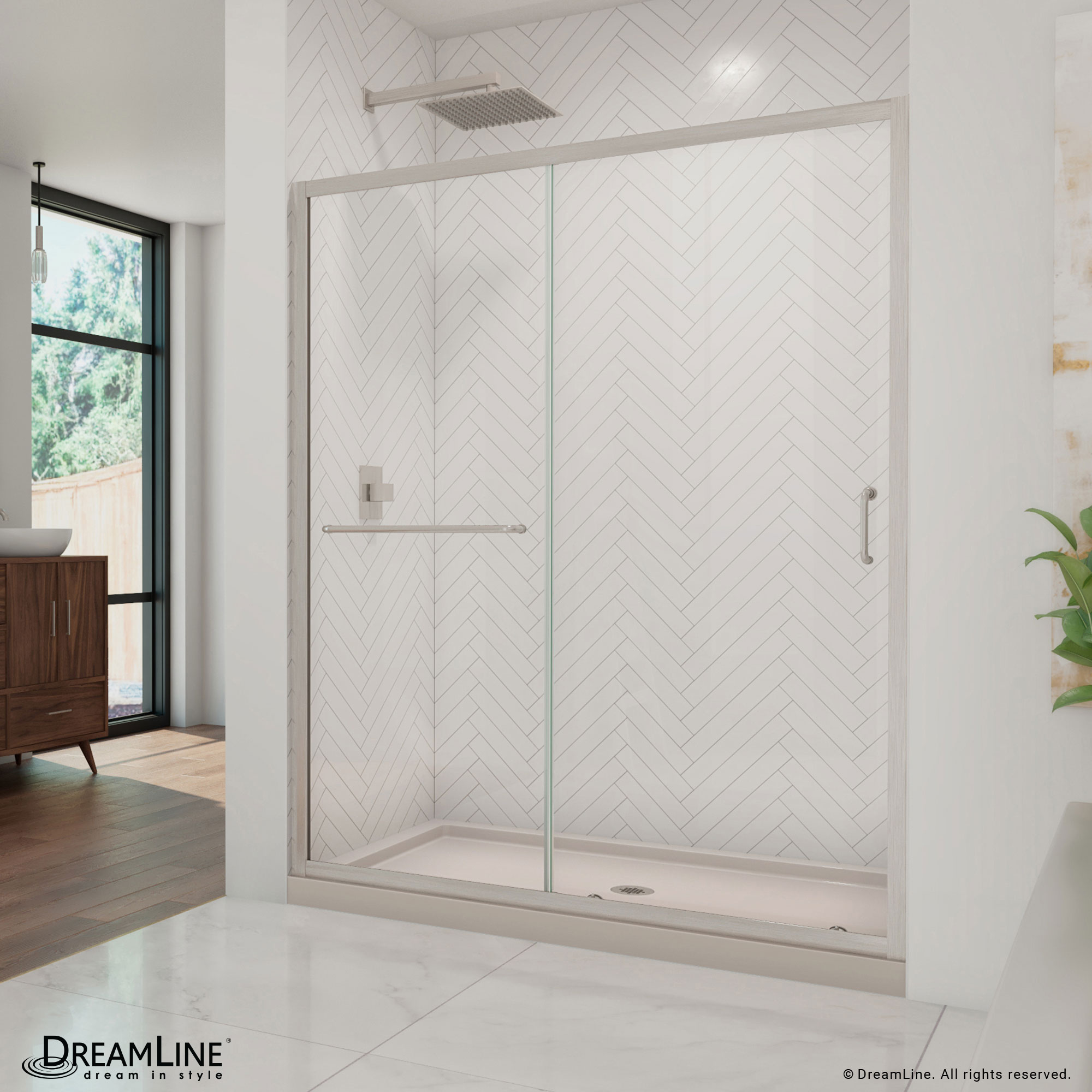 DreamLine DL-6973C-22-04 Infinity-Z 2 -Piece 60-in W x 36-in L x 75-in H Rectangular Alcove shower kit ( Center Drain) Base and Door Brushed nickel Hardware Included