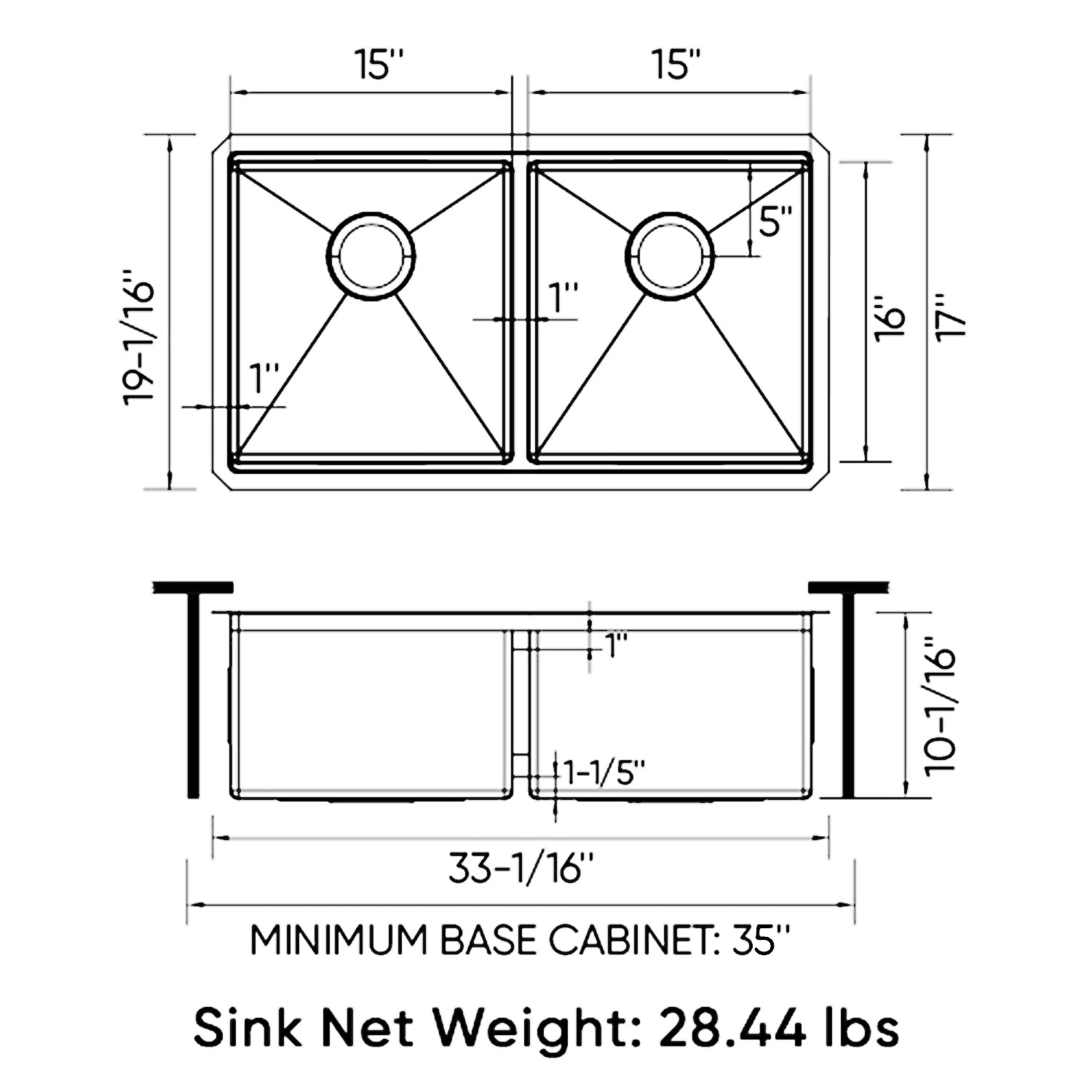 Sinber 33" Stainless Steel Double Bowl Drop-In Workstation Sink