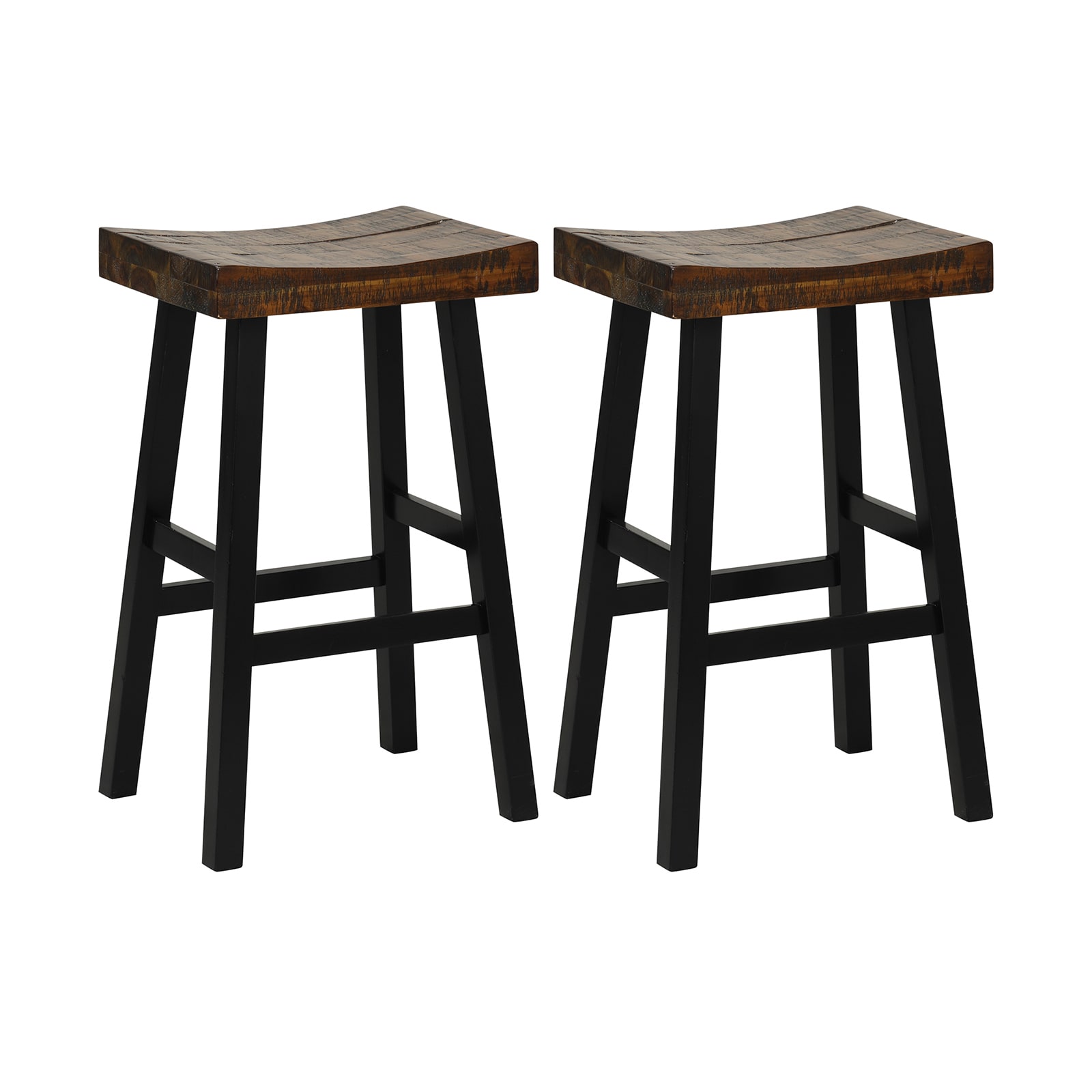 Slickblue - Set of 2 Solid Wood Bar Stools with Curved Saddle Seat Brown 24/29 inch Seat Height A...