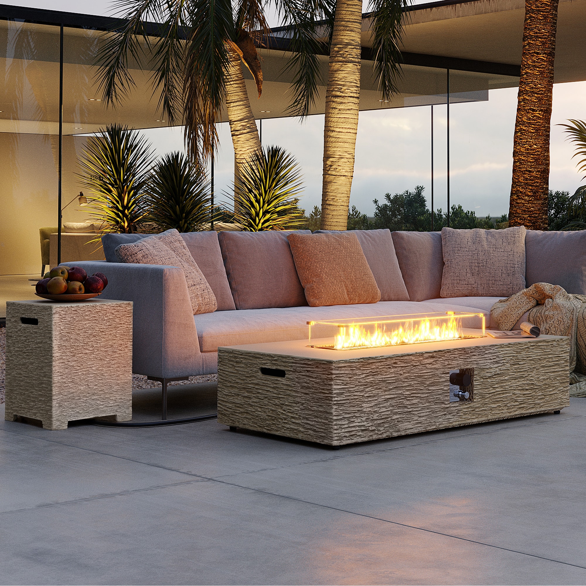 Patio Watcher LS-56MBE-HW-BW 56-in W Beige Magnesium oxide Rectangle Liquid propane Fire pit table