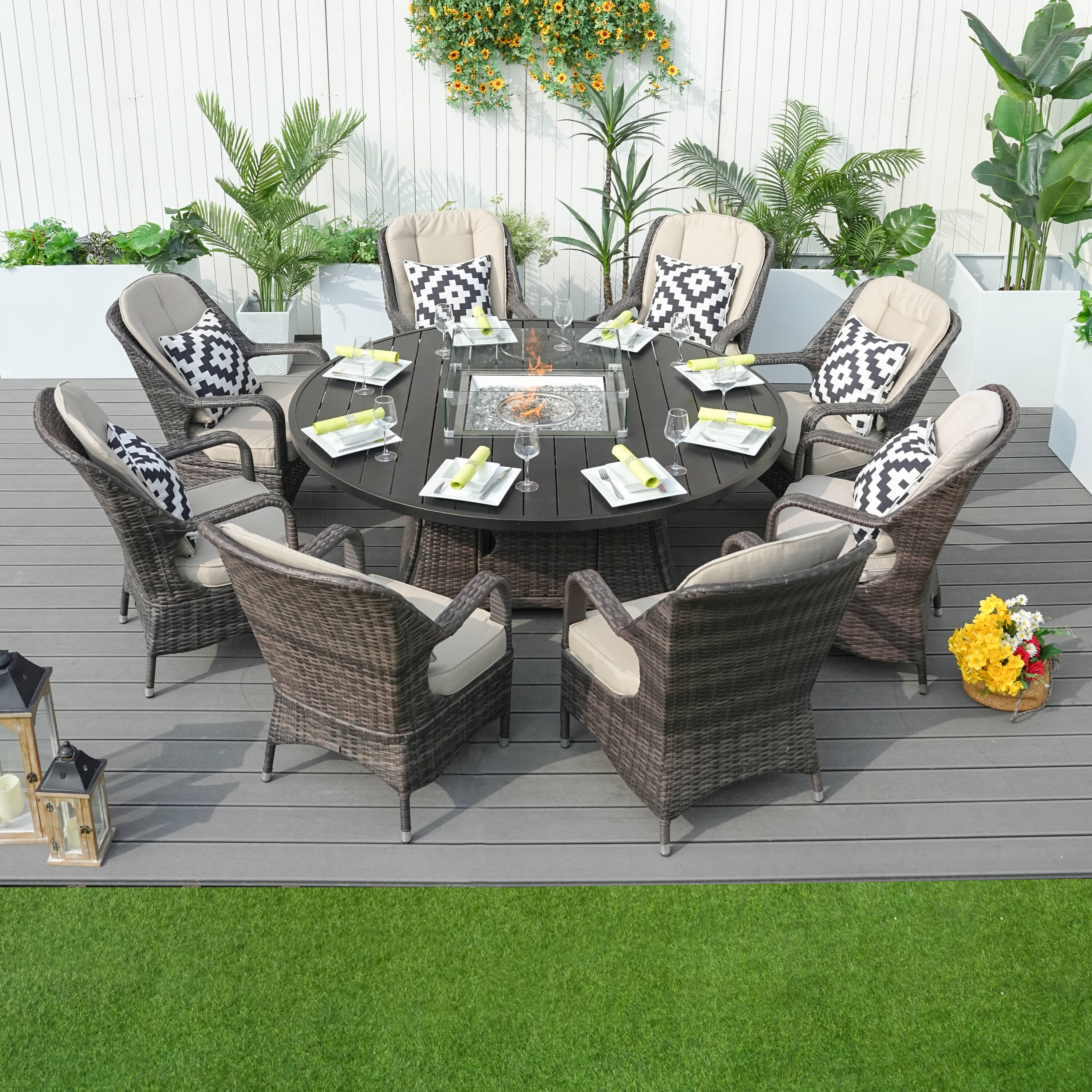 Direct Wicker DWG-1108A-BR Flame 9 -Piece beige Wicker Patio Dining Set Wicker Round Table with 8 White Cushions Stationary Chairs