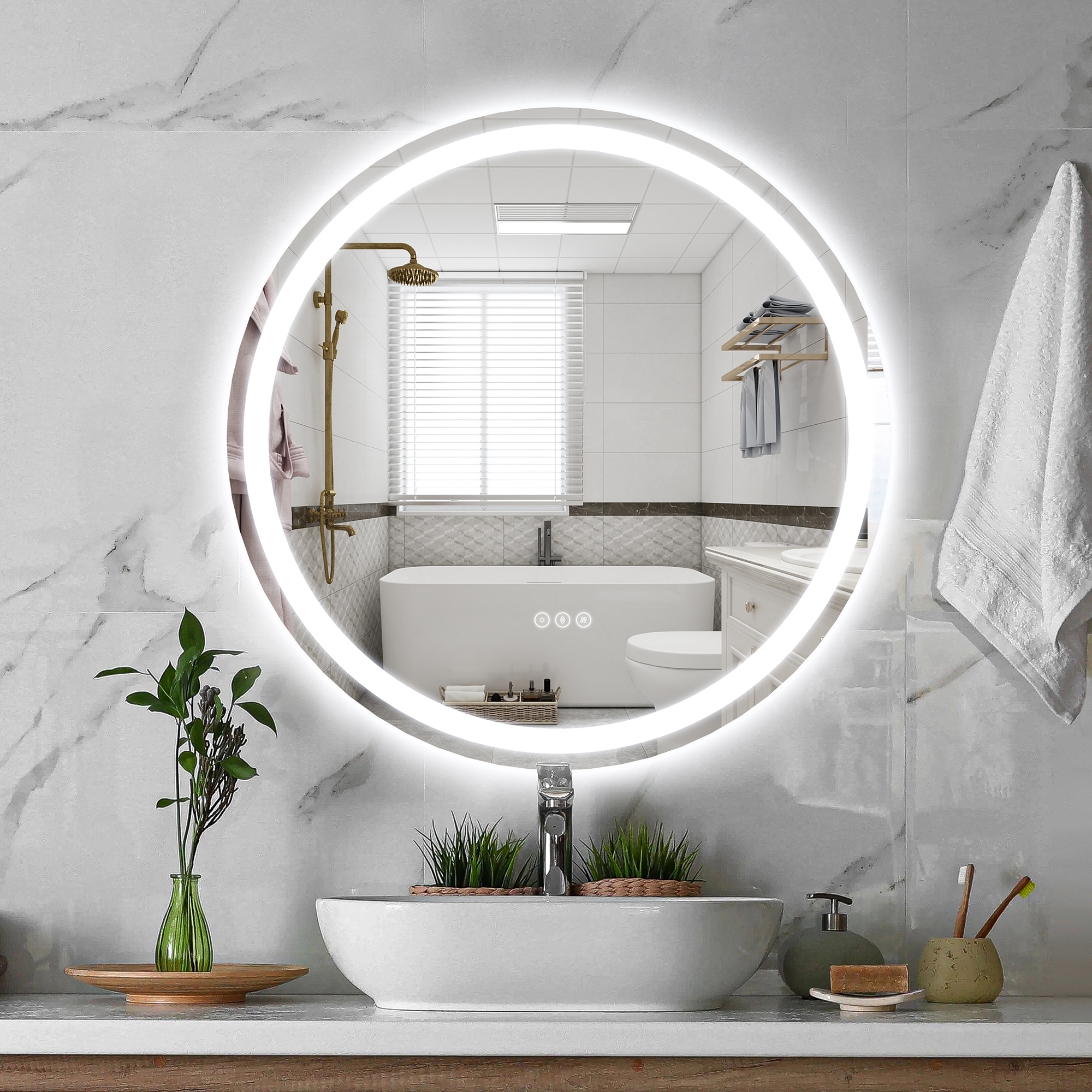 Maxax MR02-32 VM 32-in x 32-in Polished Frameless Round Dimmable LED Lighted Fog Free Bathroom Vanity Mirror ( Silver )