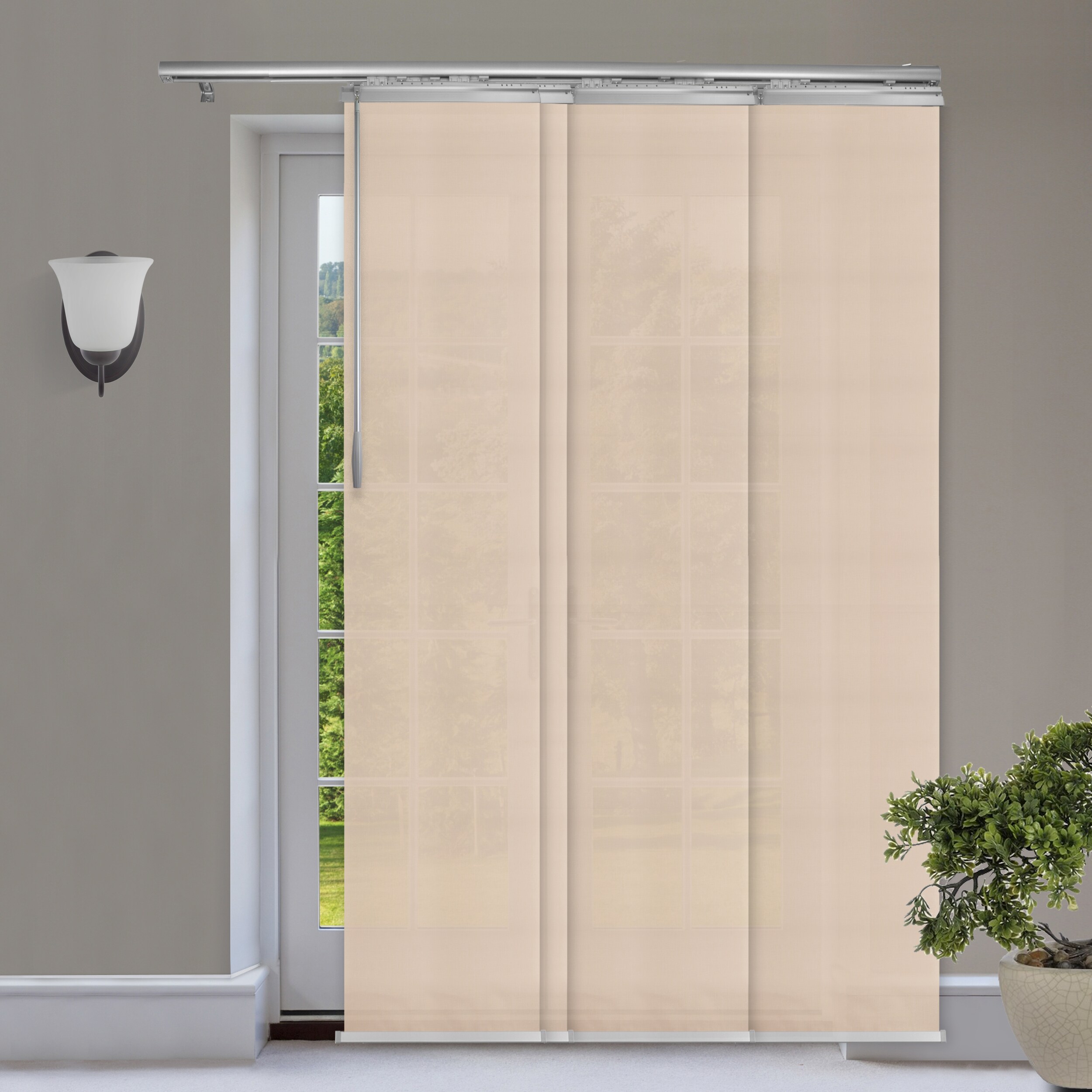 Hart & Harlow L-T16-4-4P24D 4-Panel Single Rail 15.75-in Slat Width 57-in x 91.4-in Cordless Cream Fabric Light Filtering Panel Track Blinds